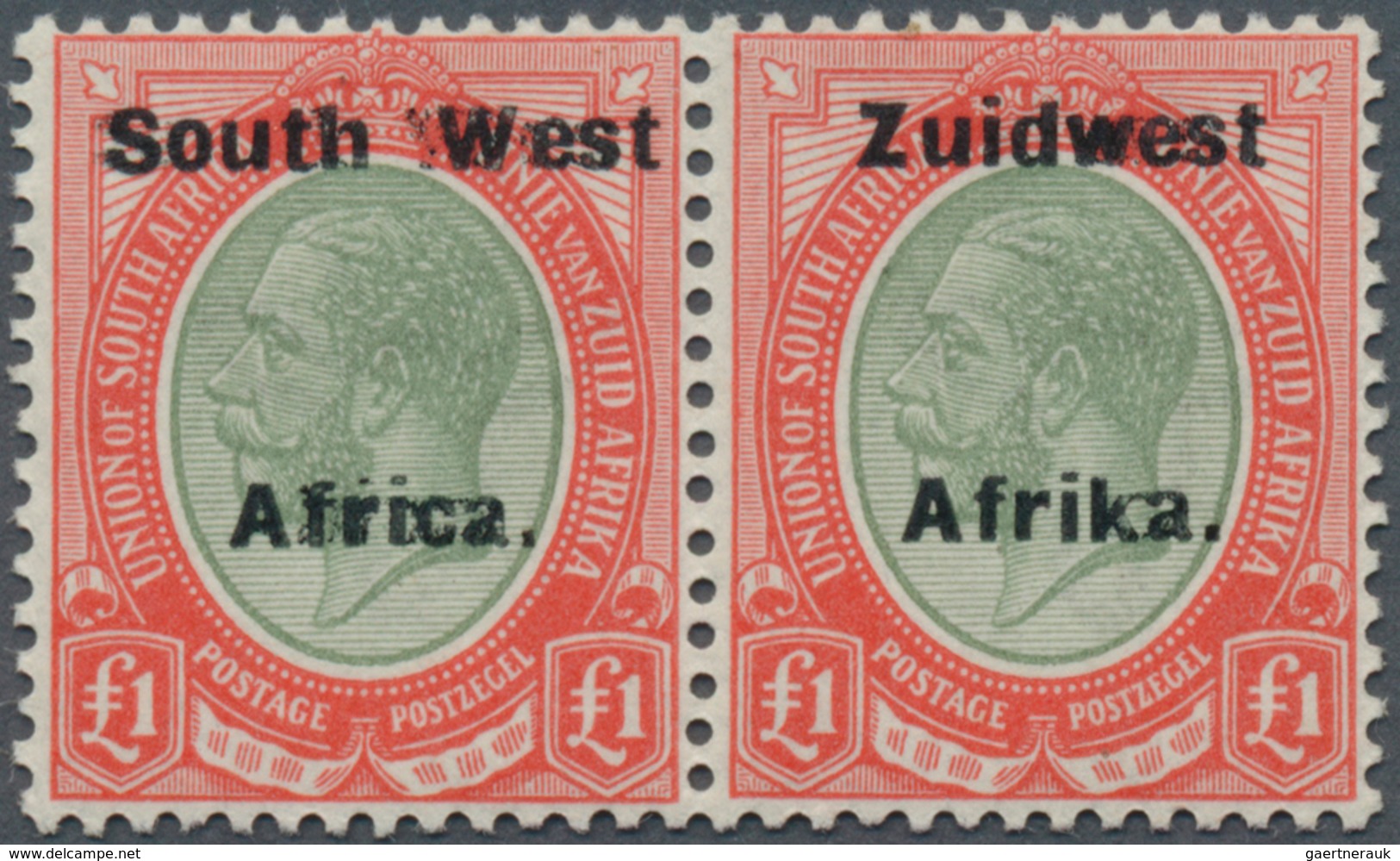 12499 Südwestafrika: 1924, A Pair KG V 1 £ Red/green With English/africaans Partiel DOUBLE IMPRINTS "South - Afrique Du Sud-Ouest (1923-1990)