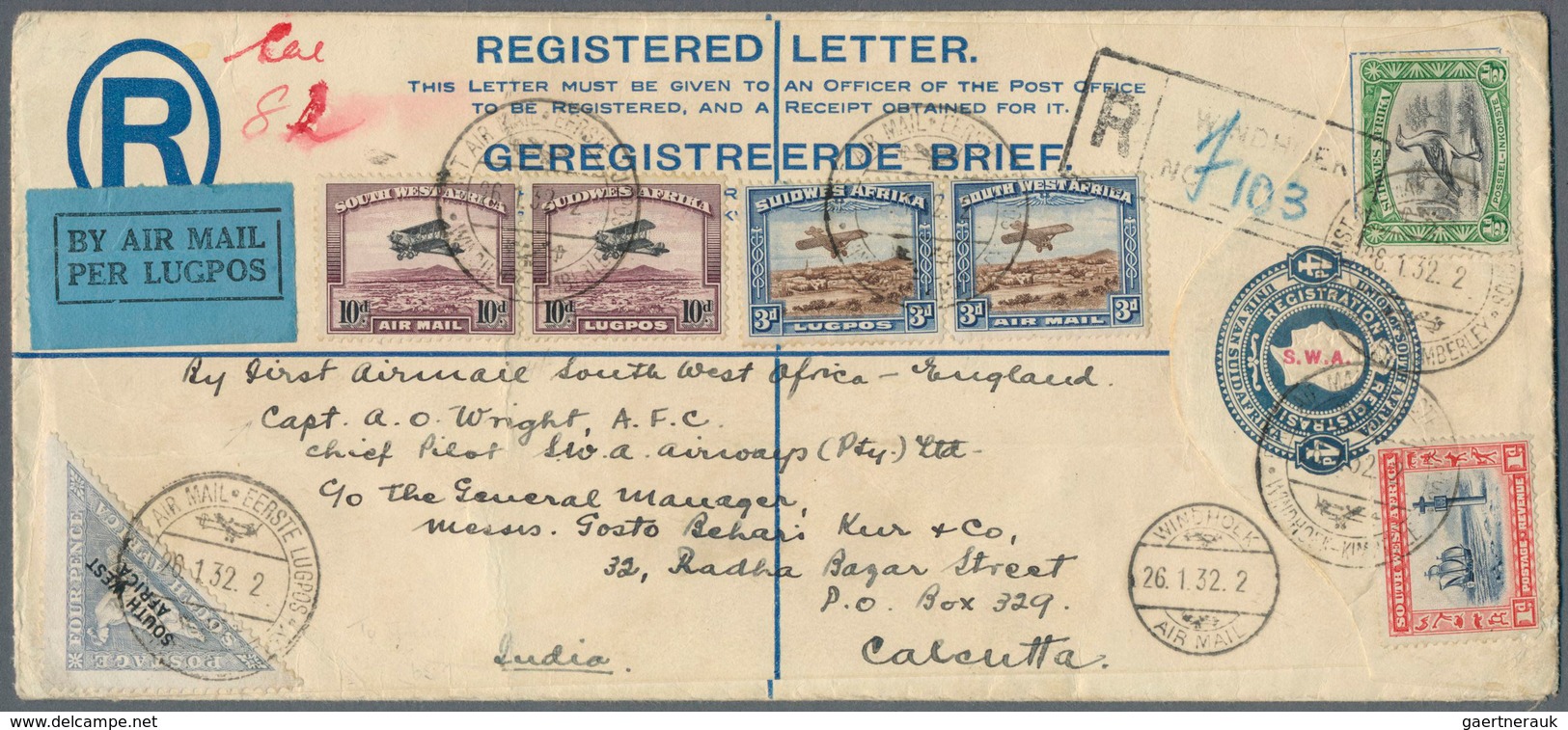 12501 Südwestafrika: 1932 (26 Jan) Recovered Interrupted First Flight Cover From Windhoek: S.W.A. Postal S - Afrique Du Sud-Ouest (1923-1990)