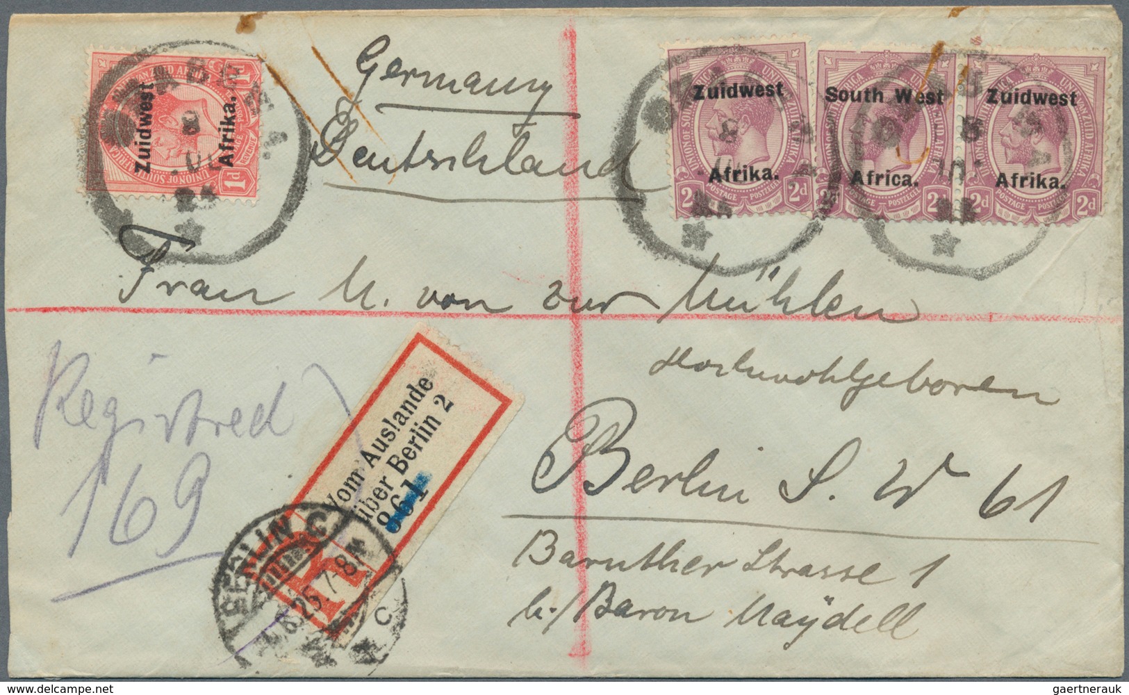 12501A Südwestafrika - Stempel: 1925, 1 D Rose-red And 3 X 2 D Dull Purple, Tied By Black Rubber Cds OKASEW - Sud-Ouest Africain Allemand