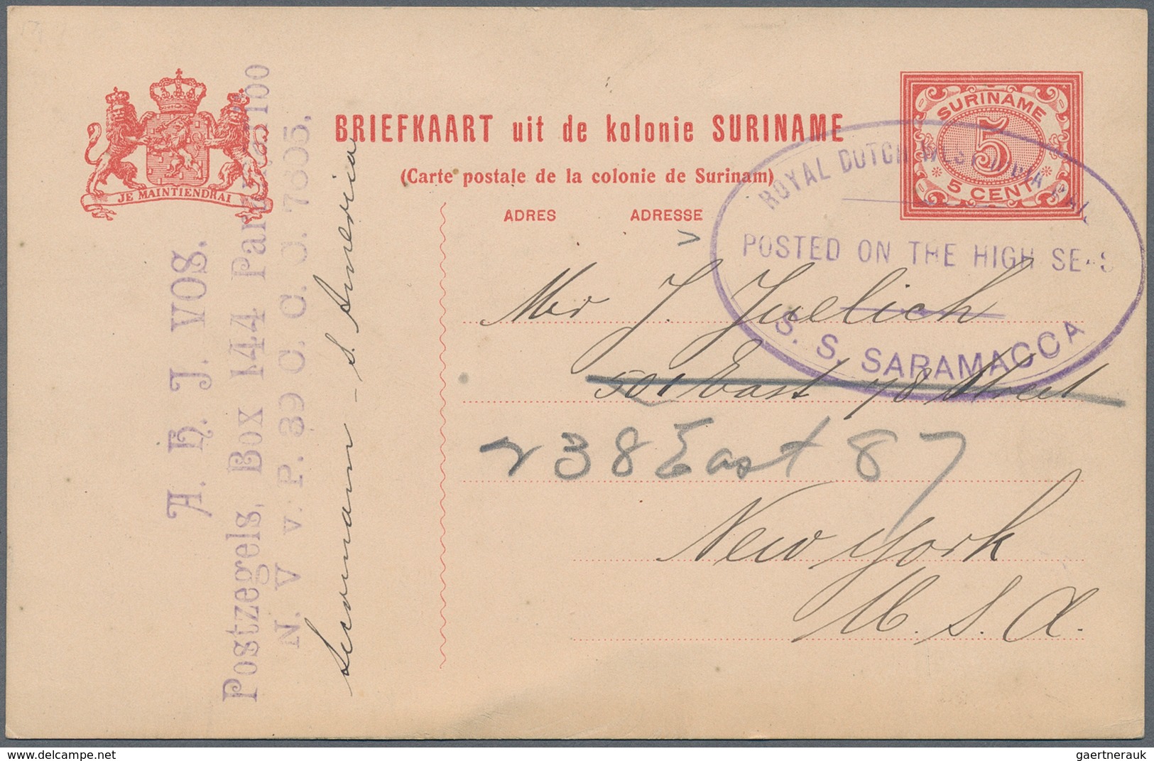 12503 Surinam: 1911, 5 C Red Postal Stationery Card With Violet Oval Handstamp "ROYAL DUTCH WEST INDIA MAI - Suriname ... - 1975