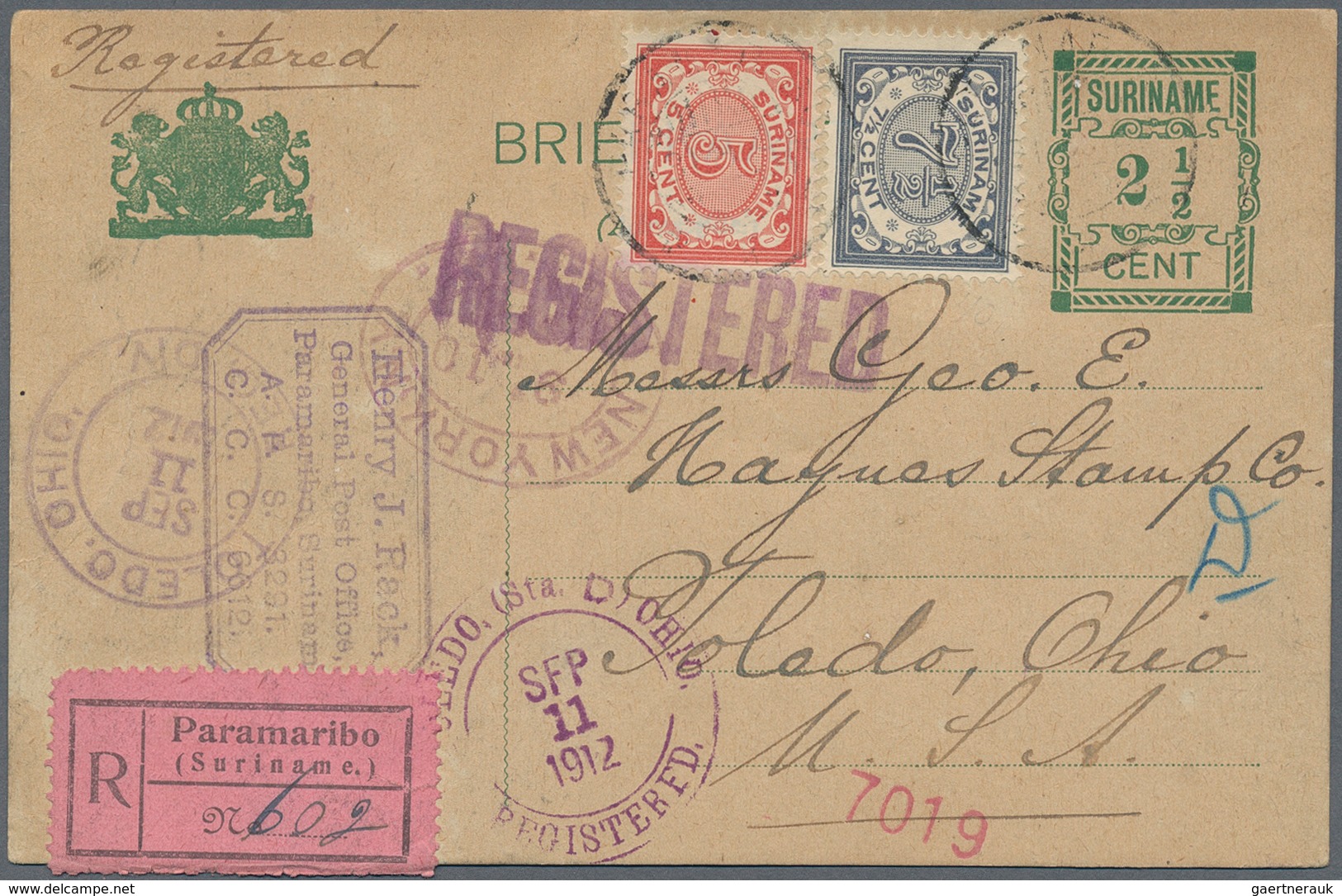 12504 Surinam: 1912, 2 1/2 C Green Postal Stationery Card, Uprated With 5 C Red And 7 1/2 C Grey, Sent Reg - Suriname ... - 1975