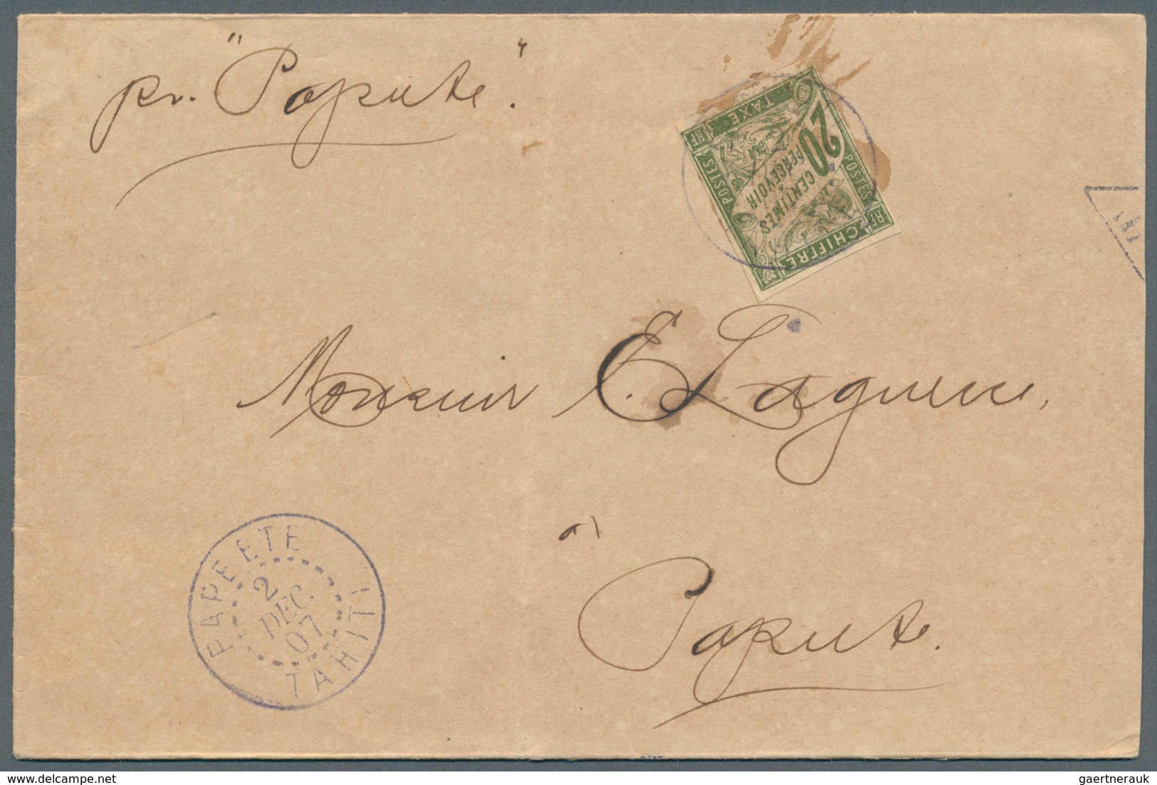 12512 Tahiti: 1907. Unpaid Envelope Front The Cook Islands (right Side Shorthend, Vertical Fold) Addressed - Tahiti