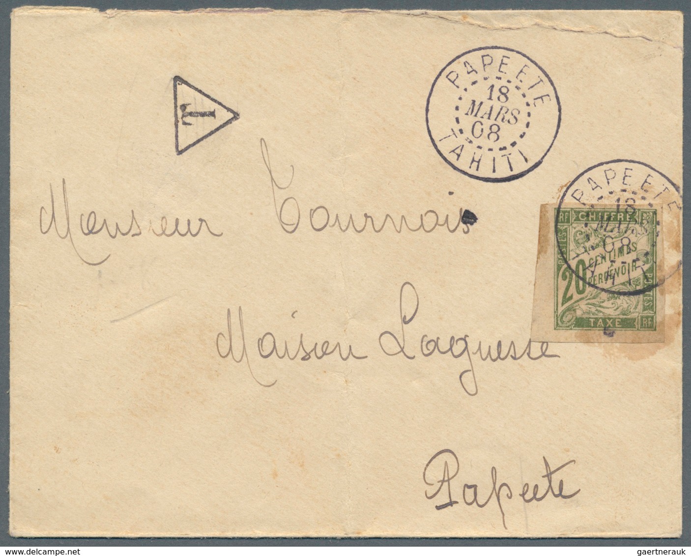 12514 Tahiti: 1908. Unpaid Envelope (vertical Fold, Toned, Opening Faults) Addressed To Papeete With 'T' H - Tahiti