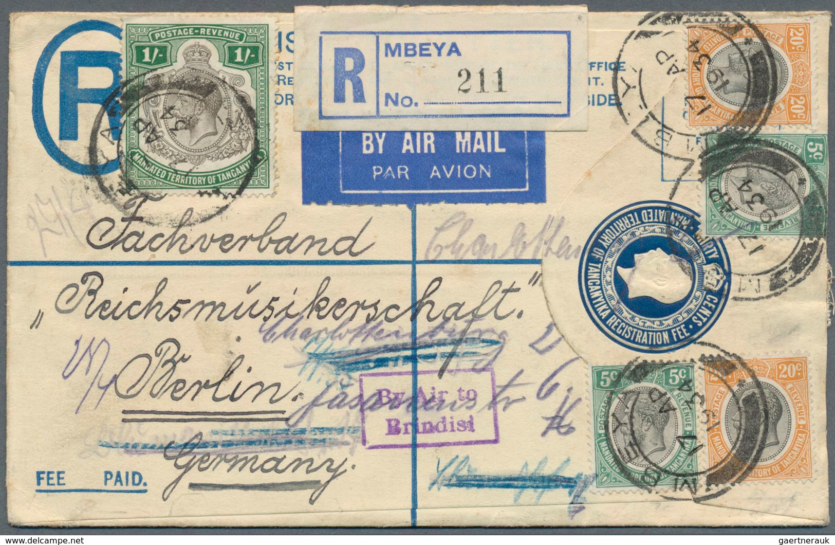 12519 Tanganjika: 1934, 30 C Blue KGV Registered Pse, Uprated With 2 X 5 C, 2 X 20 C And 1 Sh KGV, Sent By - Tanganyika (...-1932)