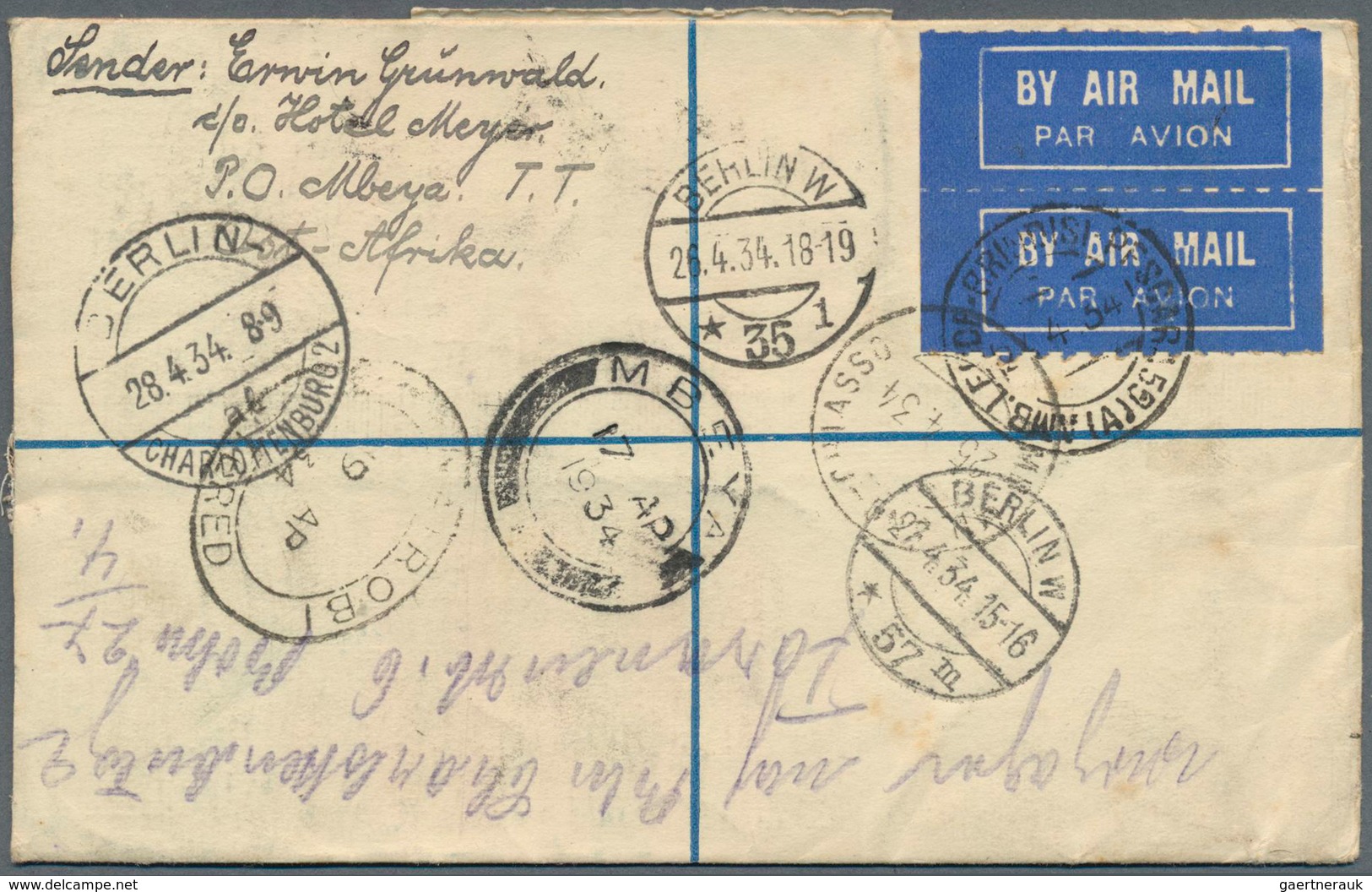 12519 Tanganjika: 1934, 30 C Blue KGV Registered Pse, Uprated With 2 X 5 C, 2 X 20 C And 1 Sh KGV, Sent By - Tanganyika (...-1932)