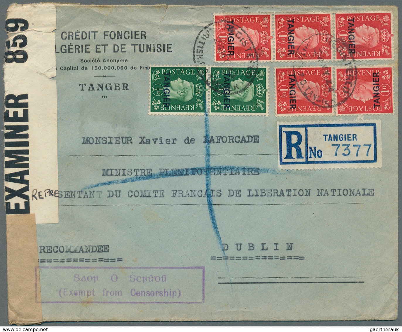 12520 Tanger - Britische Post: 1944. Registered Envelope (minor Faults) Addressed To The 'Free French Nati - Uffici In Marocco / Tangeri (…-1958)