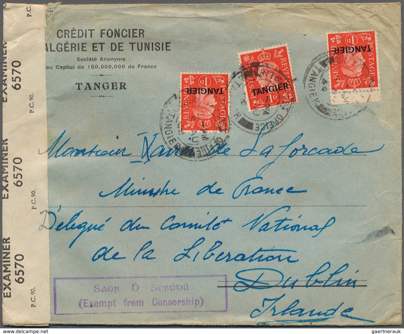 12521 Tanger - Britische Post: 1944. Envelope Addressed To The 'Free French National Liberation Committee, - Postämter In Marokko/Tanger (...-1958)