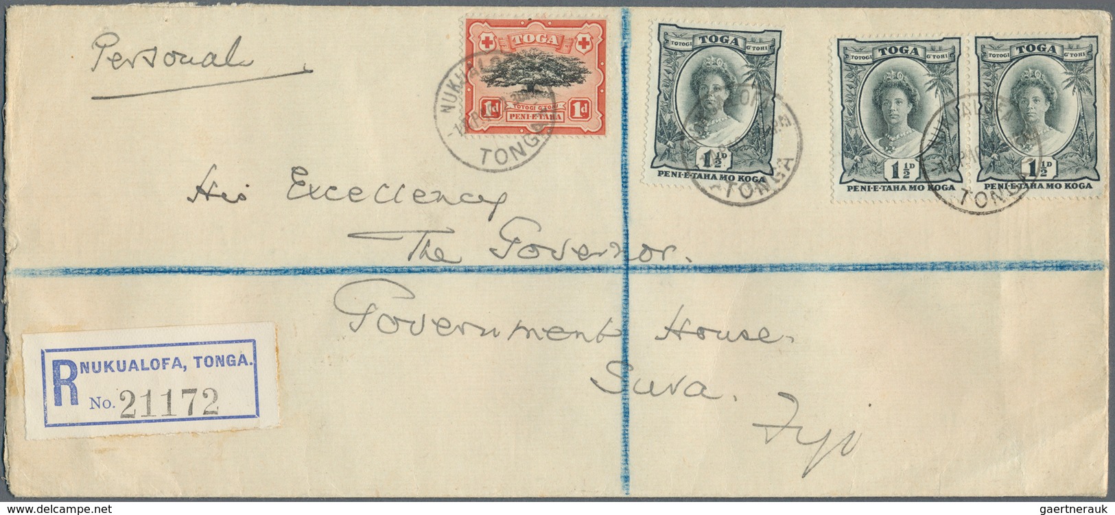 12534 Tonga: 1920/34, Queen Salote 1 1/2 D. Black And 1 D. Black/red Sent Registered From "NUKUALOFA 1 APR - Tonga (...-1970)