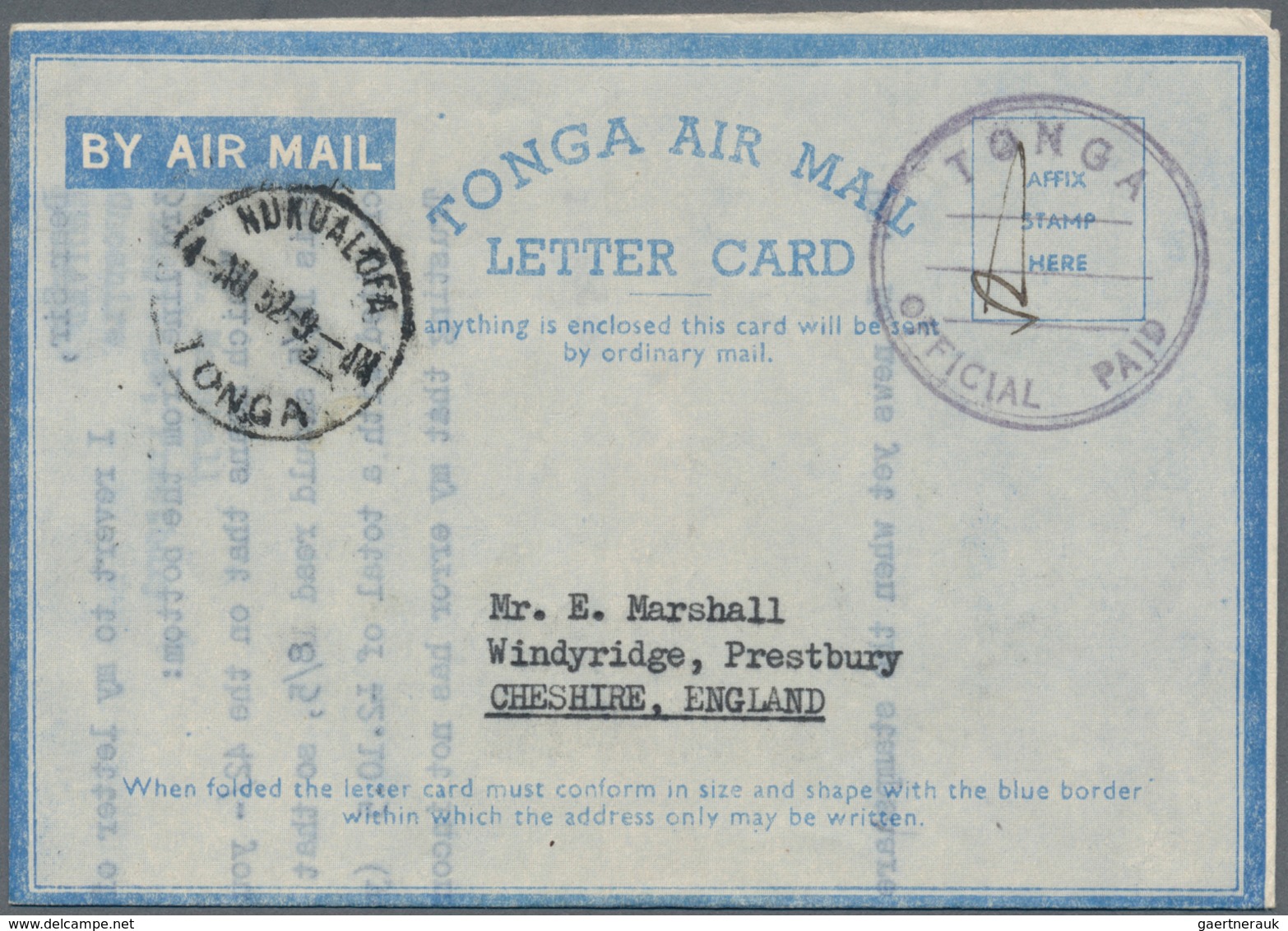 12535 Tonga: 1952/57, Official Use Airletters Used 1952 Resp. 1957 To US Or England. One From Nauru. - Tonga (...-1970)