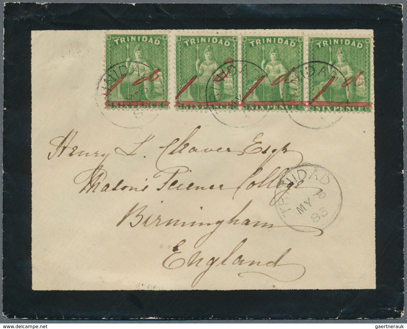 12539A Trinidad Und Tobago: 1883, Britannia, Six Pence, Yellow-green, With Red Handwritten Face Value "1d", - Trinidad & Tobago (1962-...)