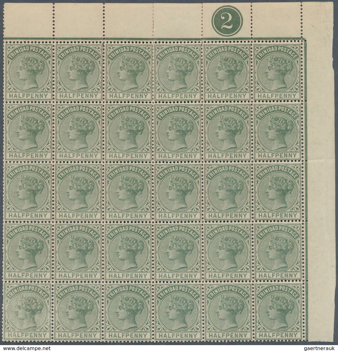 12540 Trinidad Und Tobago: 1883, TRINIDAD: QV ½d. Dull Green With Crown CA Wmk. Block Of 30 From Upper Rig - Trinidad & Tobago (1962-...)