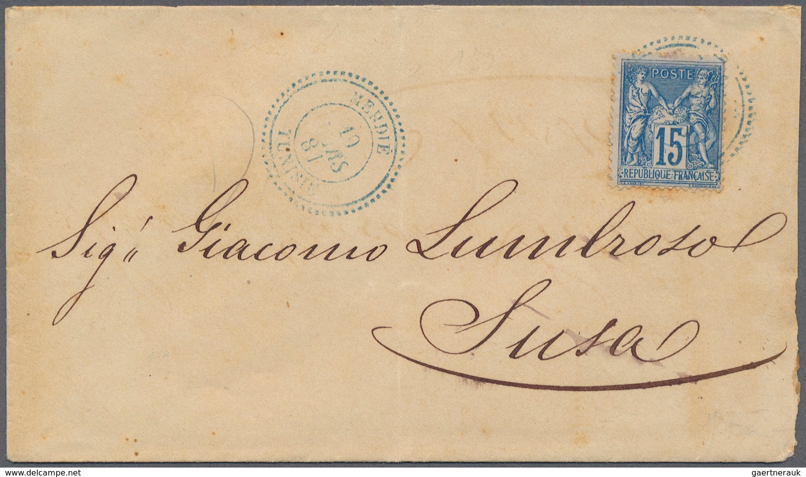 12549 Tunesien: 1881. Envelope (small Faults/fold) Addressed To Susa Bearing France 'Type Sage' Yvert 90, - Tunesien (1956-...)