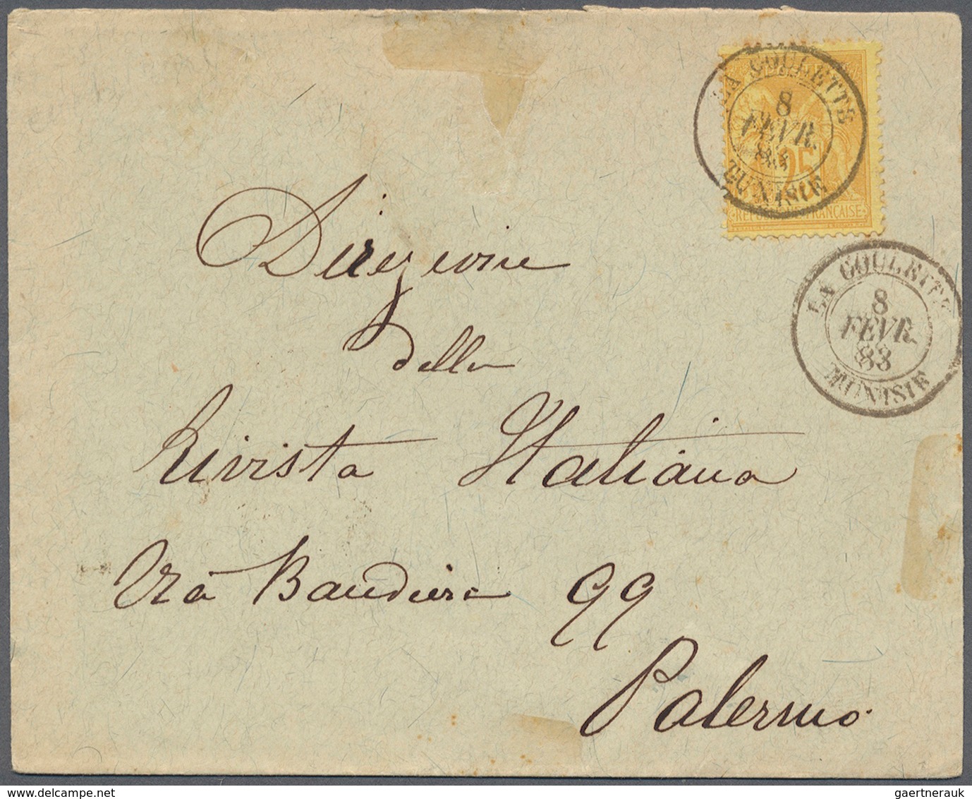 12550 Tunesien: 1883. Envelope Addressed To Italy Bearing France 'Type Sage' Yvert 92, 25c Yellow Tied By - Tunisie (1956-...)