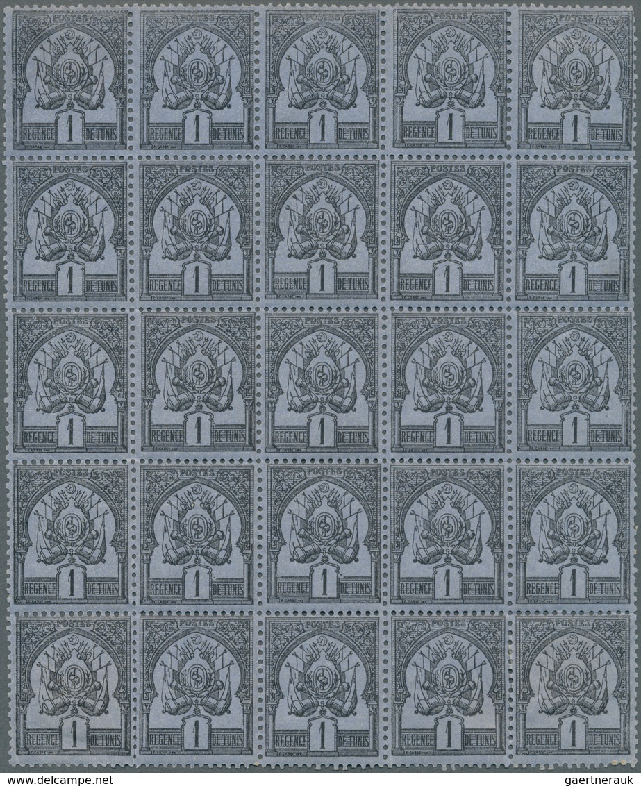 12551 Tunesien: 1888, 1c. Black On Blue, Block Of 25, Fresh Colour, Normally Perforated, Five Stamps Hinge - Tunesien (1956-...)