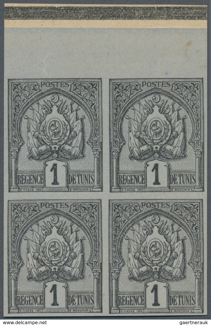 12558 Tunesien: 1889, Coat Of Arms 1c. Black On Blue With Dotted Background Imperforate PROOF Block Of Fou - Tunisie (1956-...)