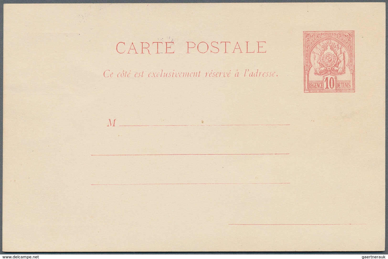 12559 Tunesien: 1895, Stationery Card 10 C. Red, Printed Completely On Both Sides. Very Fine Unsued. ÷ 189 - Tunesien (1956-...)