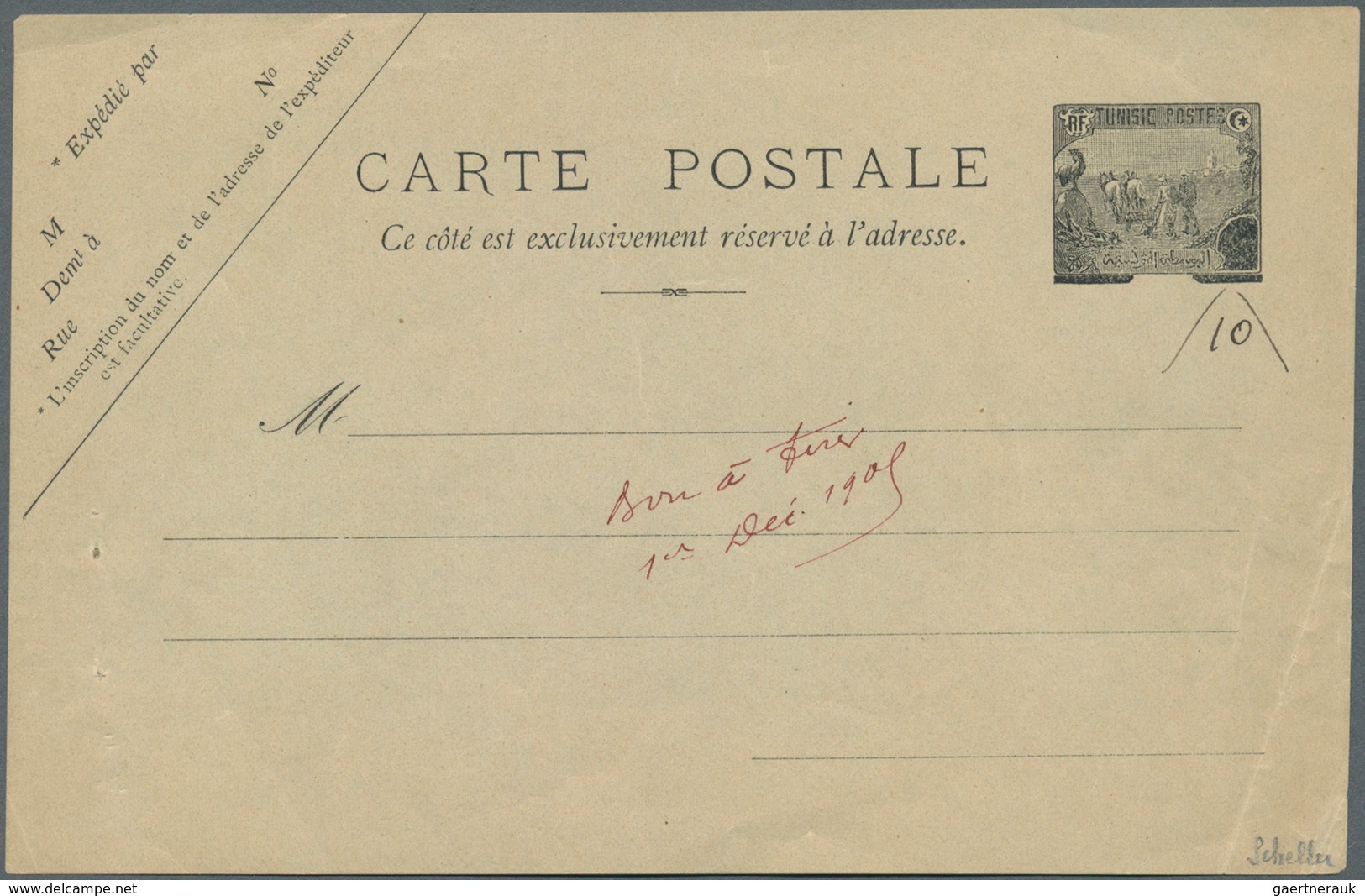 12565 Tunesien: 1909. Essay On Paper For Postcard With Postage Die "Plowmen" Black, Handwritten Face Value - Tunesien (1956-...)