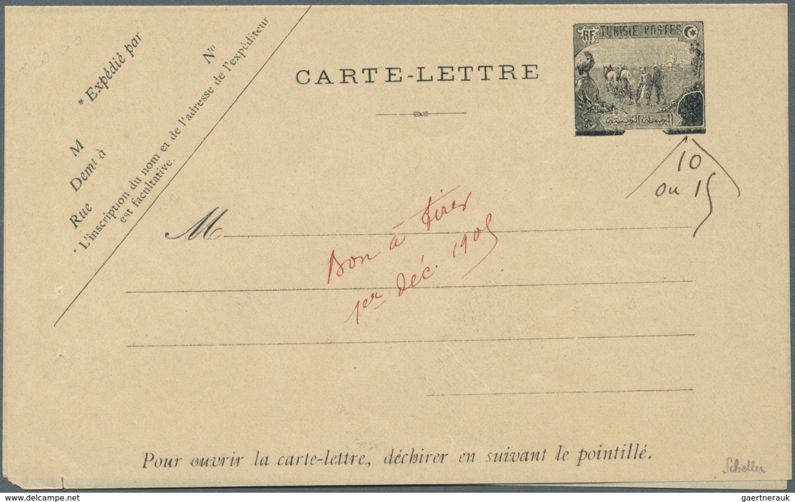 12566 Tunesien: 1909. Essay On Paper For Letter Card With Postage Die "Plowmen" Black, Handwritten Face Va - Tunisie (1956-...)