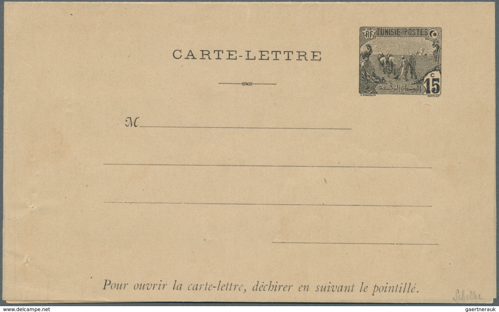 12567 Tunesien: 1909. Essay On Paper For Letter Card With Postage Die "Plowmen" Black, Face Value "15c", T - Tunisie (1956-...)