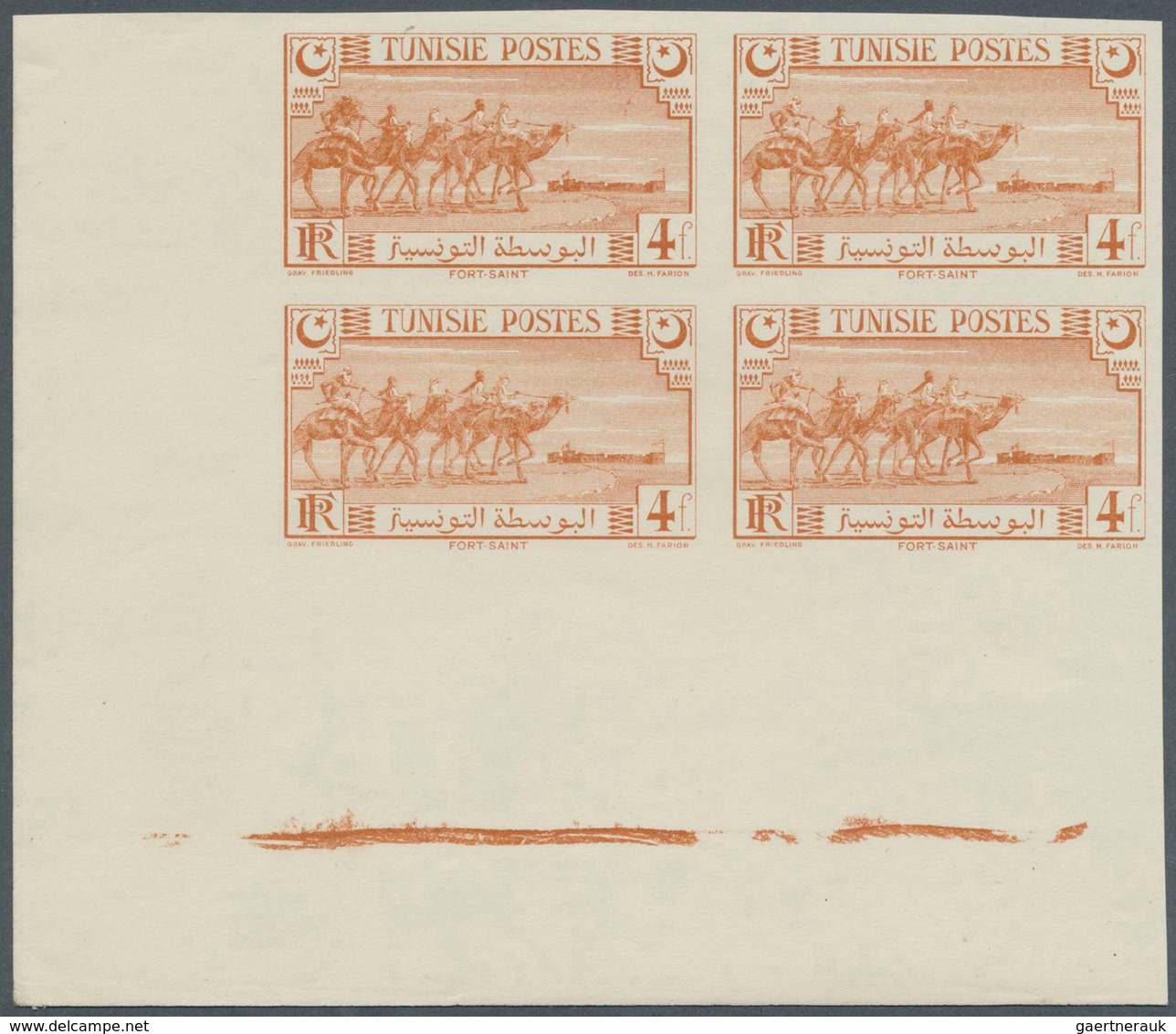 12585 Tunesien: 1945. Complete Set "Pour Nos Combattants" (4 Values) In IMPERFORATE CORNER BLOCKS Of 4 WIT - Tunesien (1956-...)