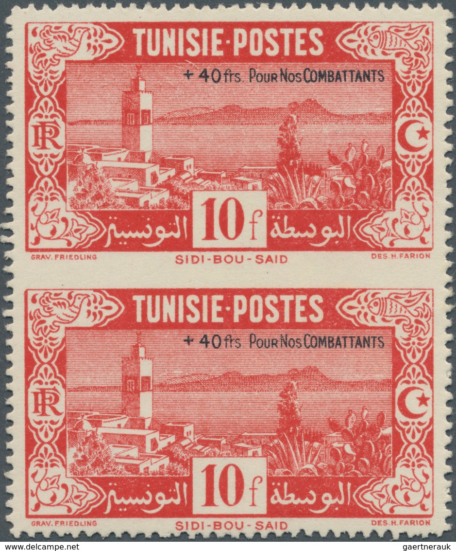 12586 Tunesien: 1945, Soldier's Relief, 10fr. + 40fr. Red, Vertical Pair Showing Variety "imperforate Betw - Tunesien (1956-...)