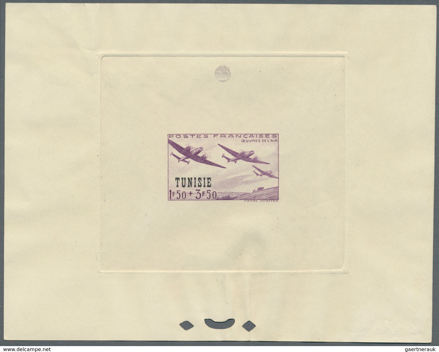 12587 Tunesien: 1945, NOT ISSUED AIRMAIL STAMP, 1.50fr. + 3.50fr. Violet, France 1942 Airmail With Overpri - Tunisie (1956-...)