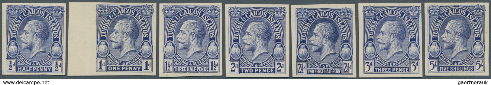 12597 Turks- Und Caicos-Inseln: 1928, King Georg V. 1/2 D. -3 D. And 5 Sh., Seven Imperforated Proofs In D - Turks & Caicos