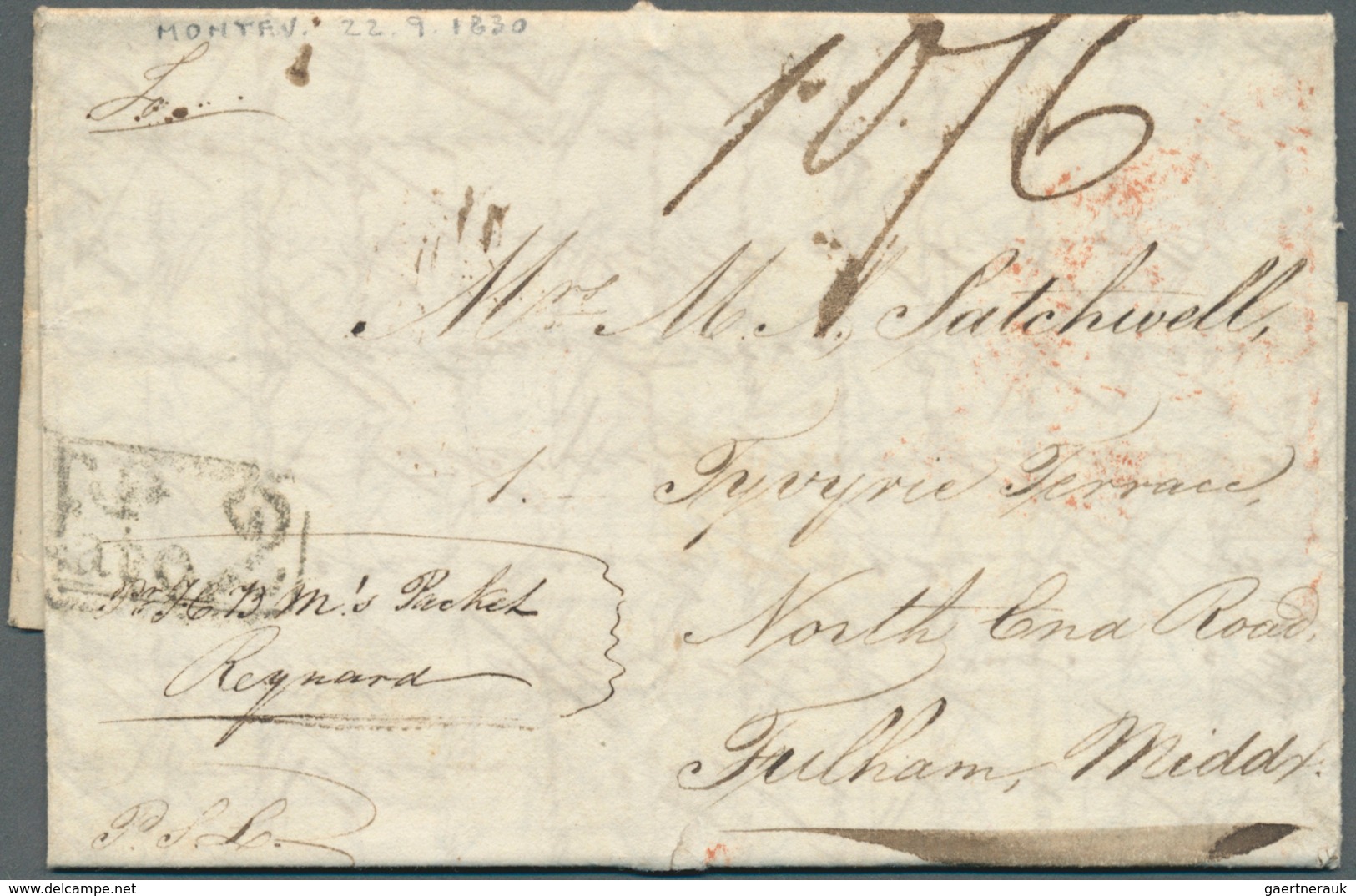 12599 Uruguay: 1830, MONTEVIDEO A Fulham (England). Vapor HMS Regnard. Triple Porte Manuscrito 10/6 Y Marc - Uruguay