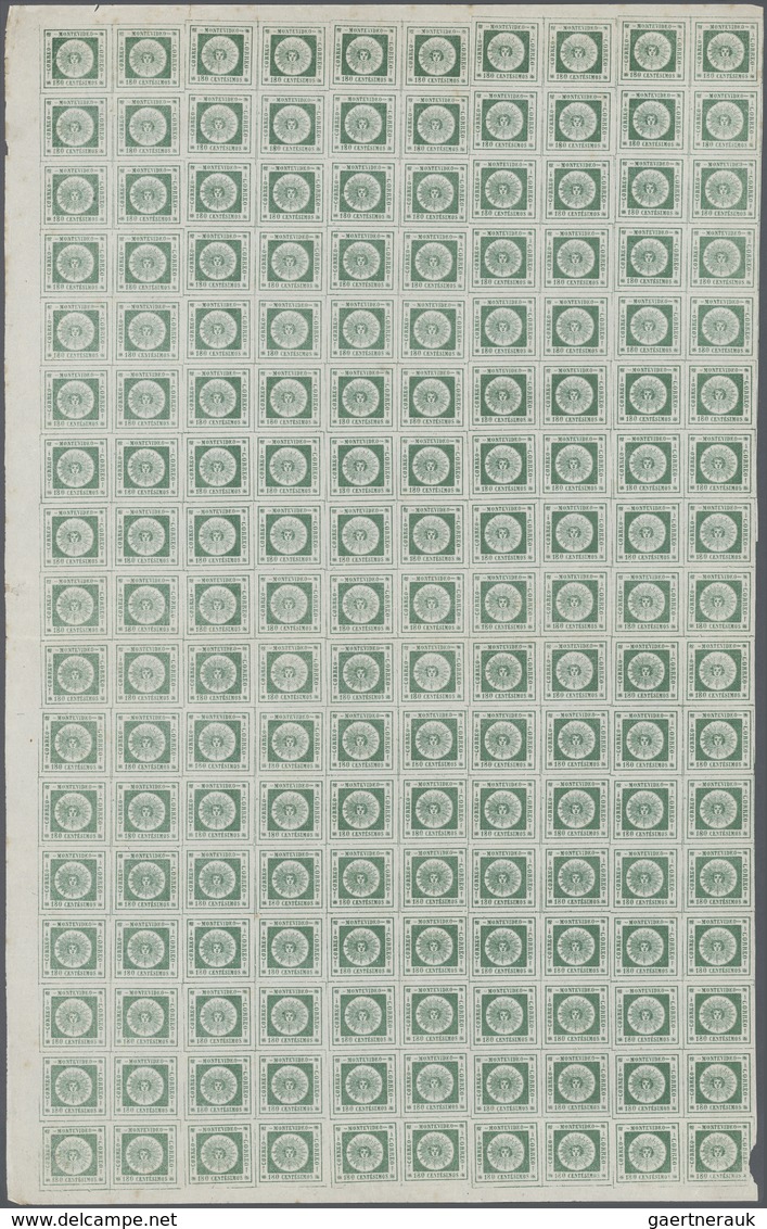 12600A Uruguay: 1859, 180 C Green, Thin Numerals, Large Part Of Sheet With 170 Stamps (10x17) And Sheet Mar - Uruguay