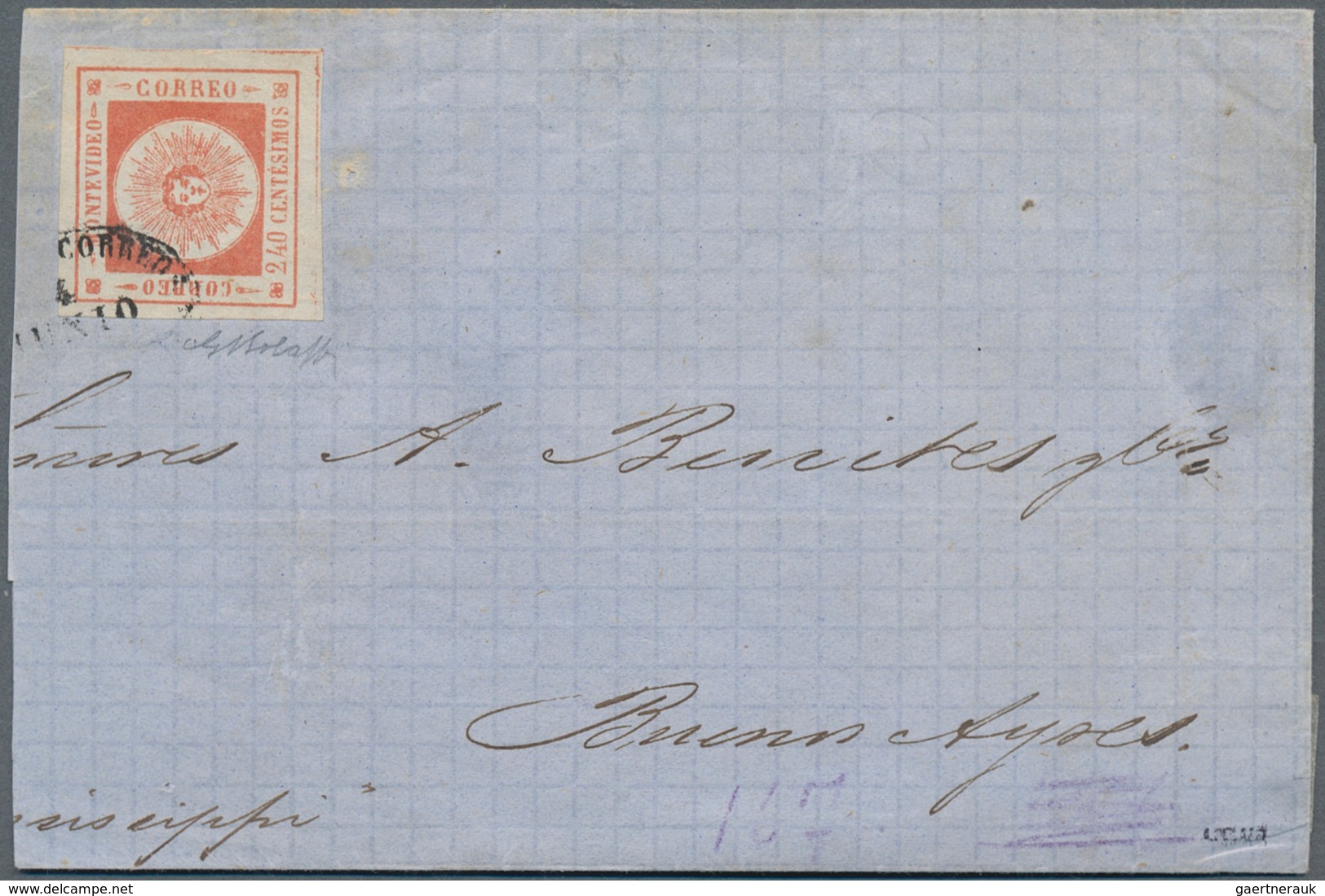 12601 Uruguay: 1859, Suns Thin Figures 240 C. Vermillion, Good To Large Margins All Around, Tied By Montiv - Uruguay