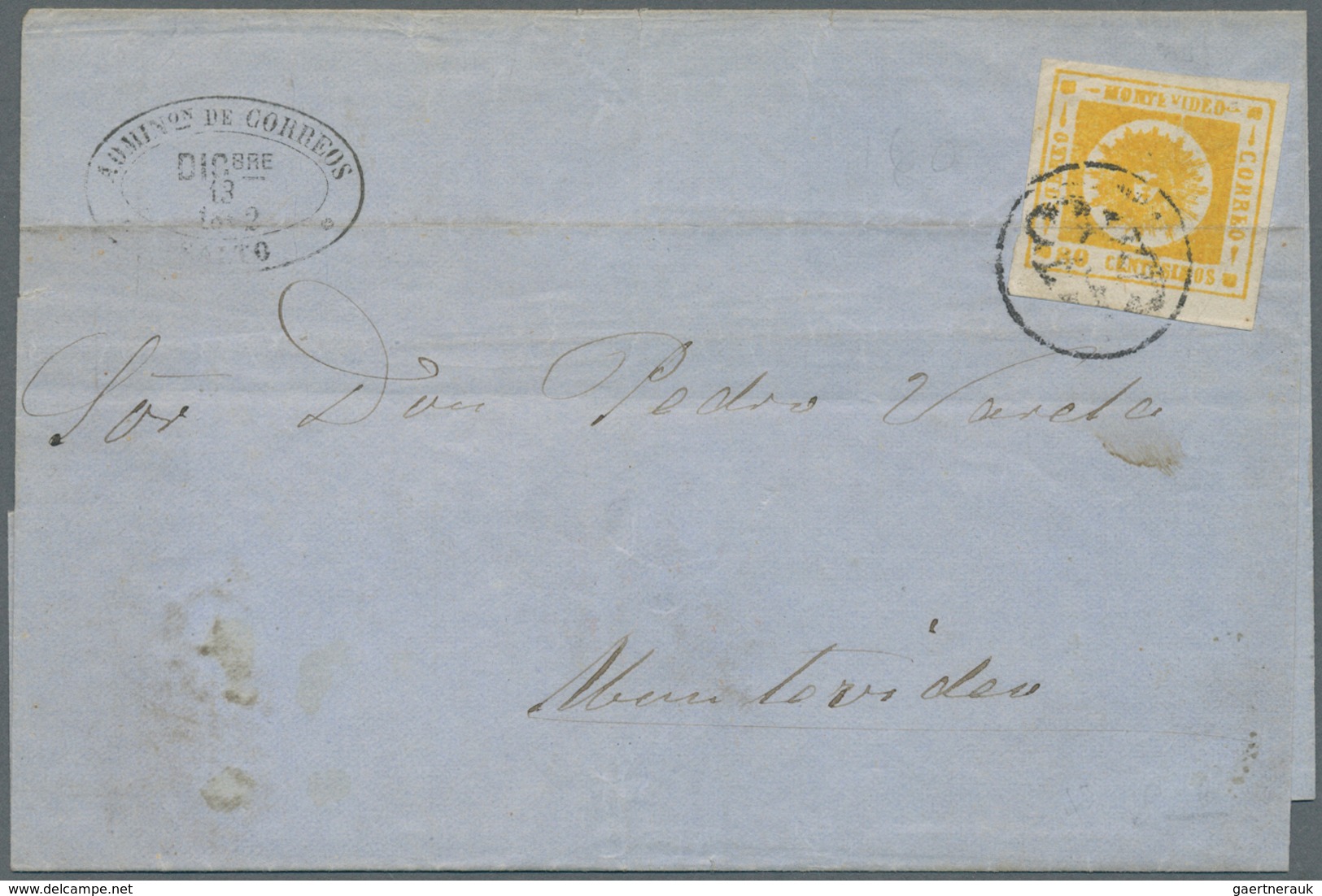 12602 Uruguay: 1859, 80 Centimos Yellwo Sun Inscripted "MONTEVIDEO" On Folded Letter Sheet With Horizontal - Uruguay