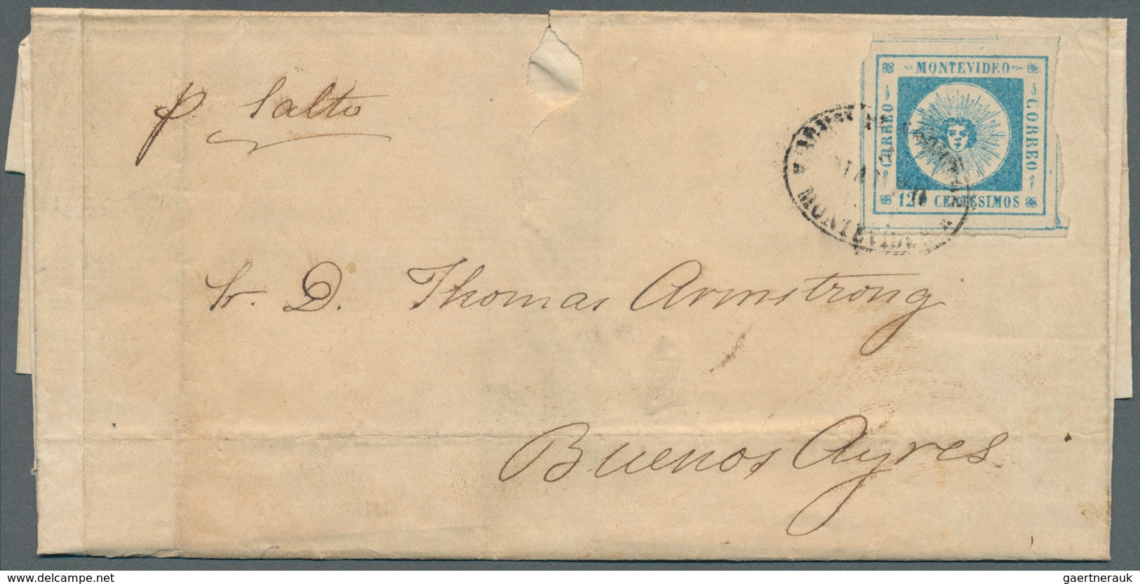 12603 Uruguay: 1860 'Sun' 120c Blue Used On Folded Cover From Montevideo To Buenos Aires 'p. Salto' (endor - Uruguay