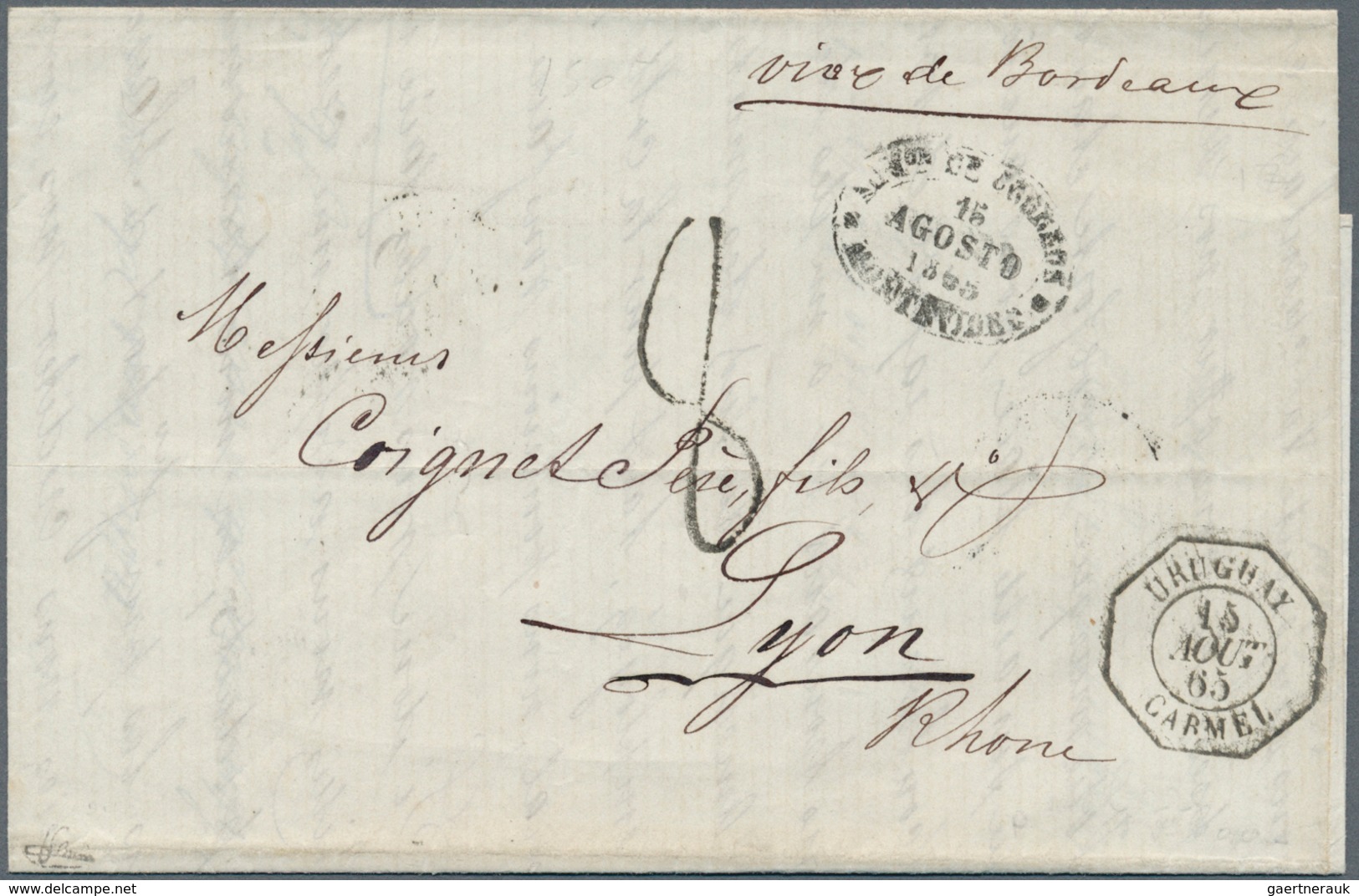 12604 Uruguay: 1865 (French Maritime Mail). Stamp-less Envelope Written From Montevideo Dated "13th Aout 6 - Uruguay