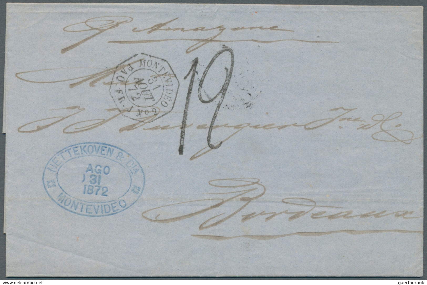12606 Uruguay: 1872, Complete Folded Letter Cover From Montevideo With French Maritime Transit Dater MONTE - Uruguay
