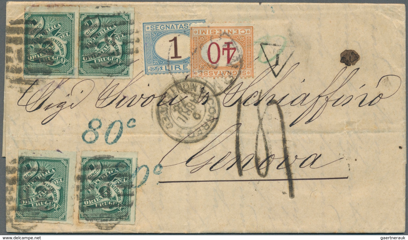 12607 Uruguay: 1878, Folded Entire Letter Bearing Defintitives 4x 5 C Green On Thin Paper Tied By Barr-can - Uruguay