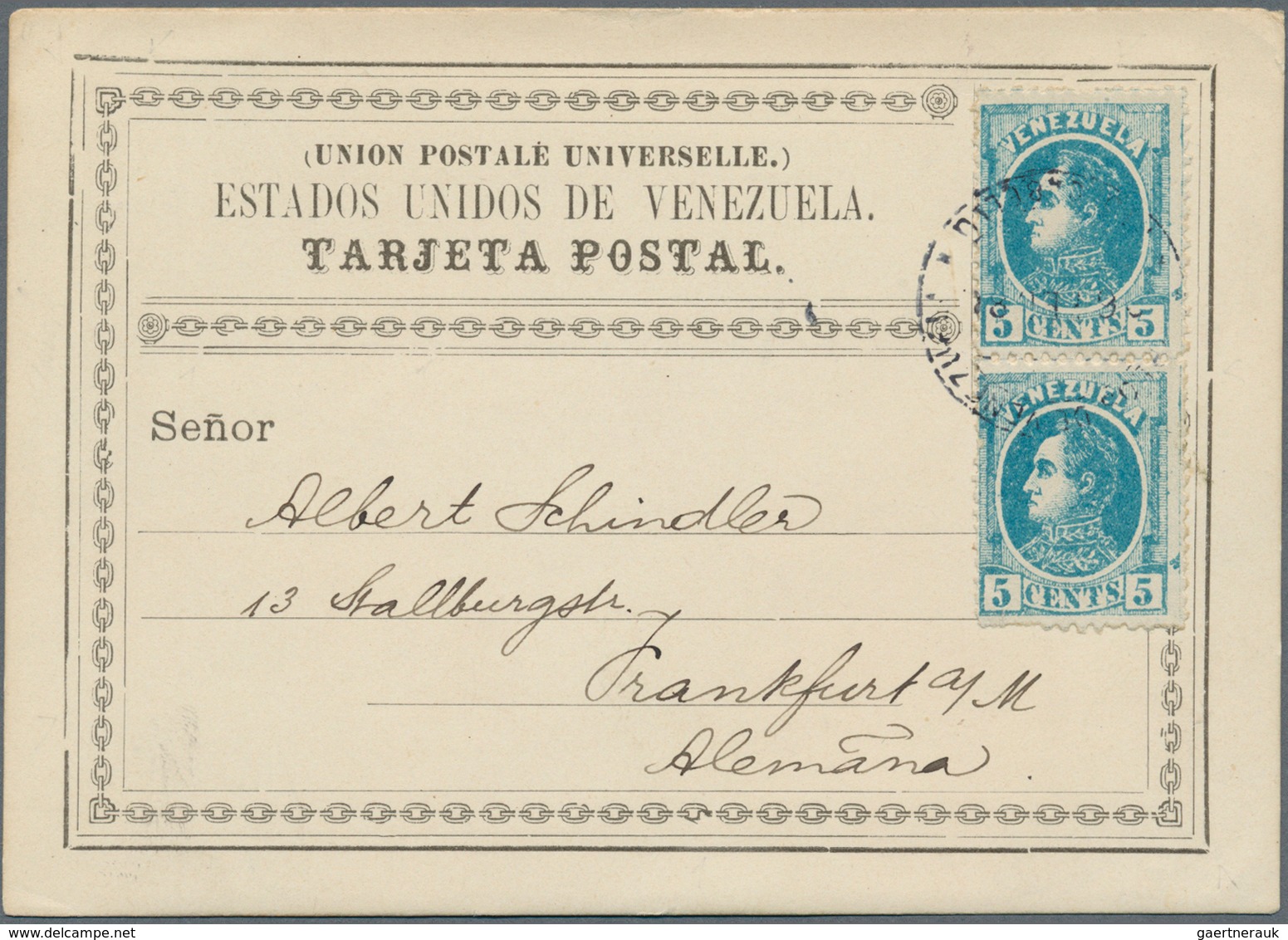 12617 Venezuela: 1880, 2 X 5 C Blue Bolivar, Multiple Franking On Official Postcard Form, Sent From PUERTO - Venezuela