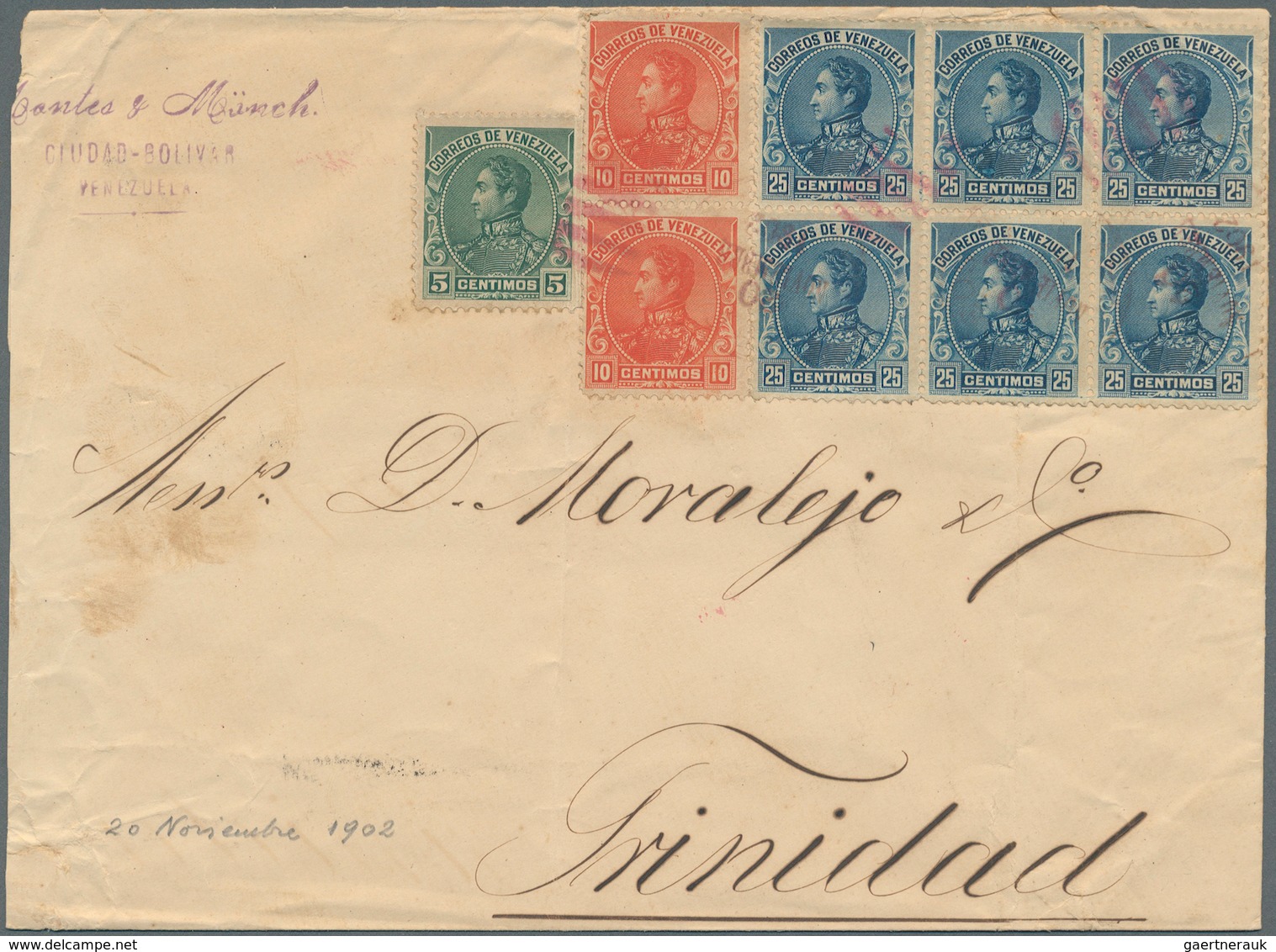 12618 Venezuela: 1902, Ciudad Bolivar: 5 C Green, Pair Of 10 C Orange And 25 C Blue In Block Of Six On Env - Venezuela
