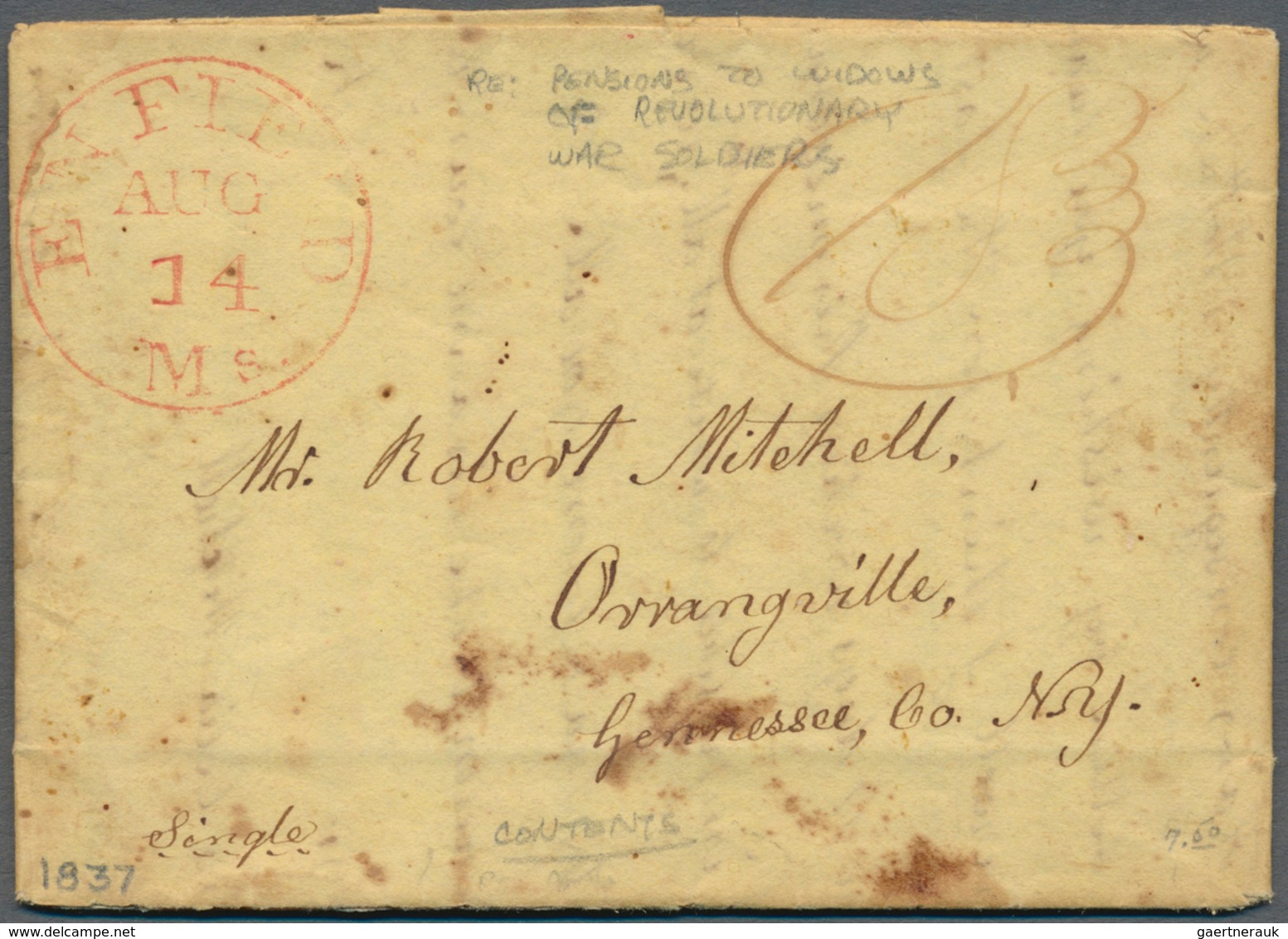 12632 Vereinigte Staaten Von Amerika - Stampless Covers: 1837, Letter (pensions To Widows Of Revolutionary - …-1845 Vorphilatelie