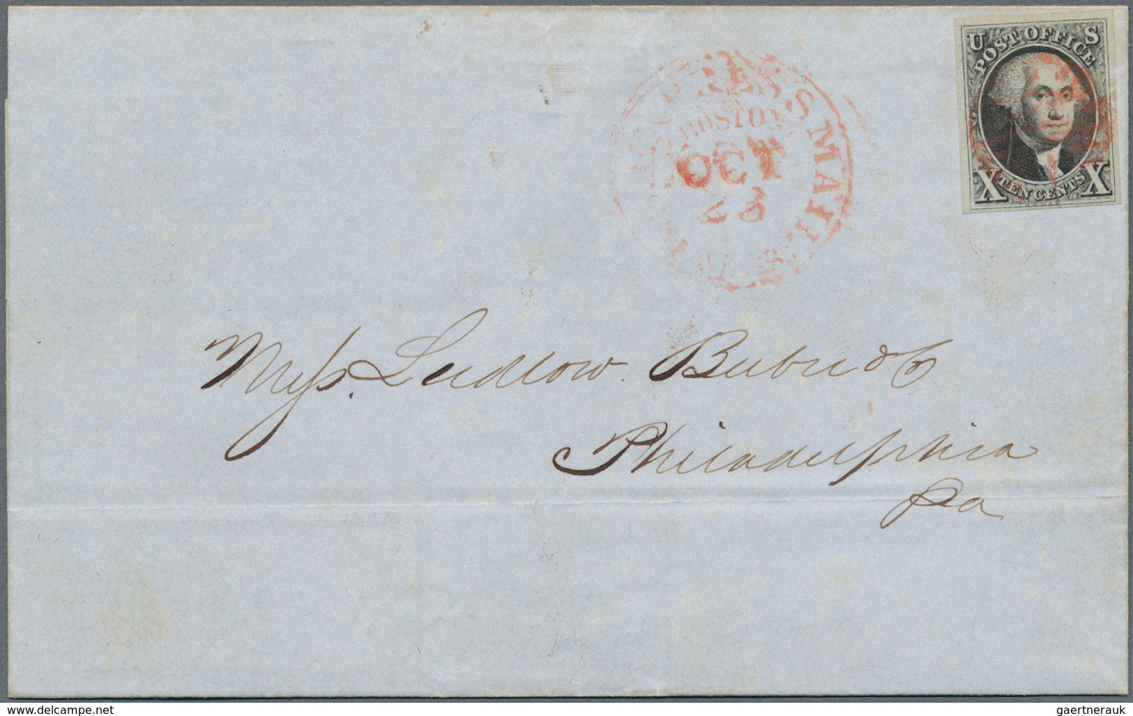 12636 Vereinigte Staaten Von Amerika: 1847, A Folded Envelope Bearing Washington TEN CENT Black With Red B - Autres & Non Classés