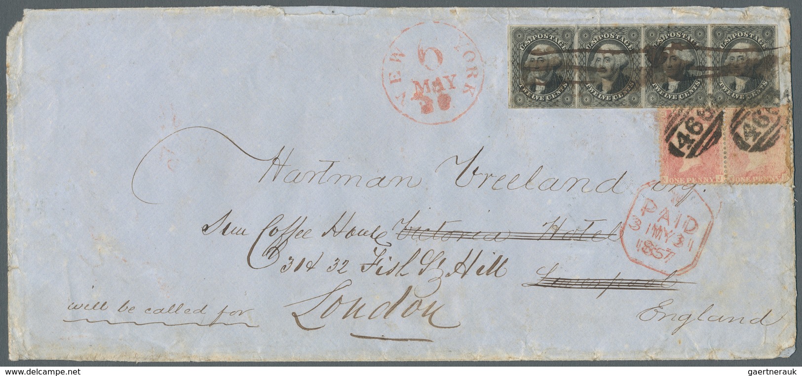 12638 Vereinigte Staaten Von Amerika: 1857, Transatlantic Letter 4th Weight Band From Probably New York 6 - Autres & Non Classés