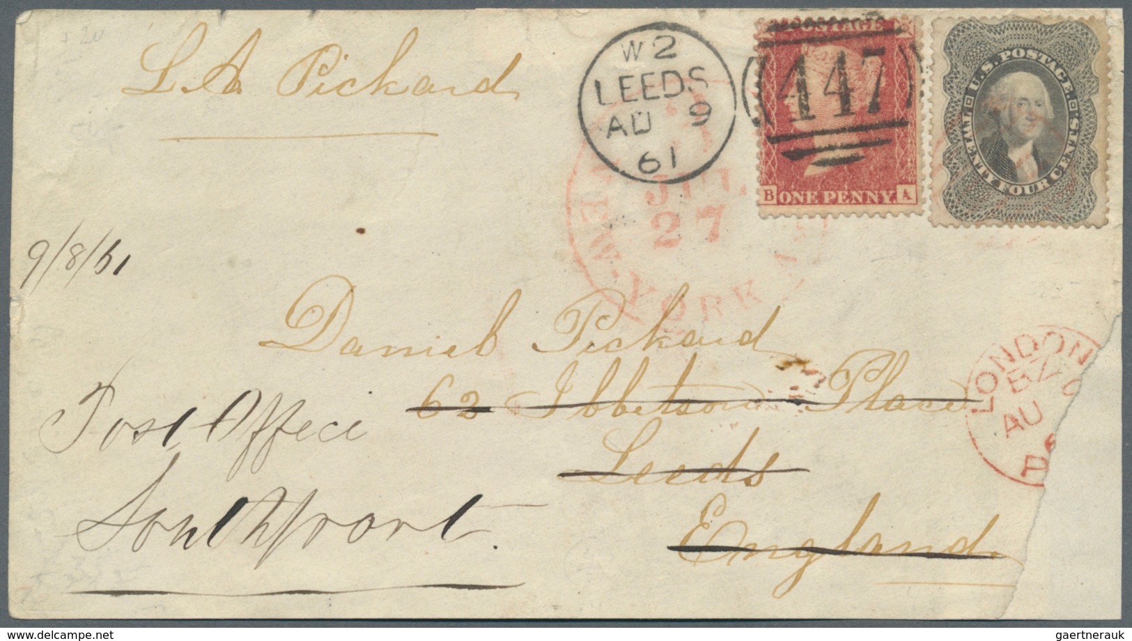 12640 Vereinigte Staaten Von Amerika: 1860, 24c. Grey On Front Of Cover (lower Right Corner Missing), Fain - Autres & Non Classés