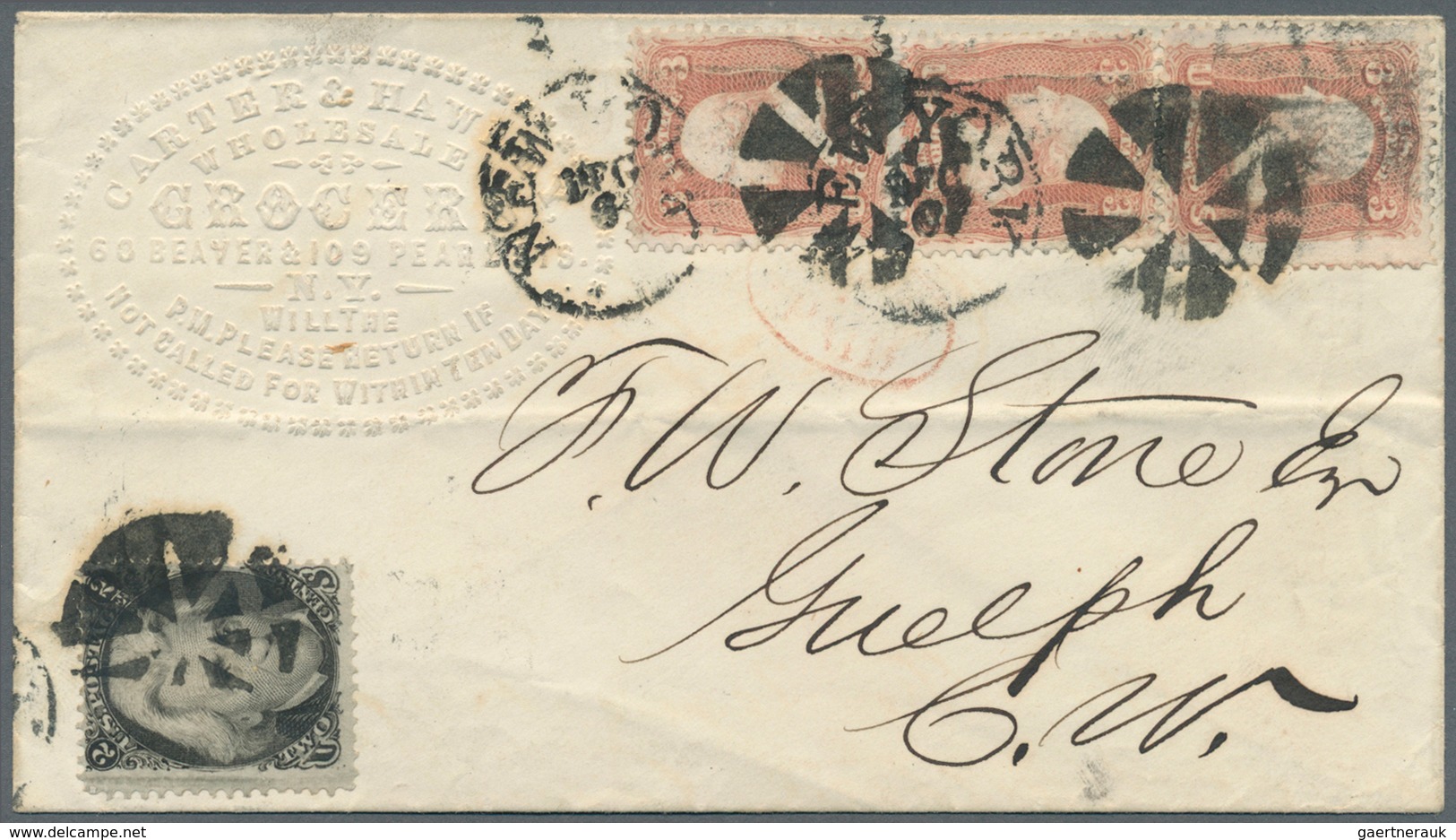 12647 Vereinigte Staaten Von Amerika: 1865, 2c. Black And Three Copies 3c. Rose On Cover From NEW YORK To - Autres & Non Classés
