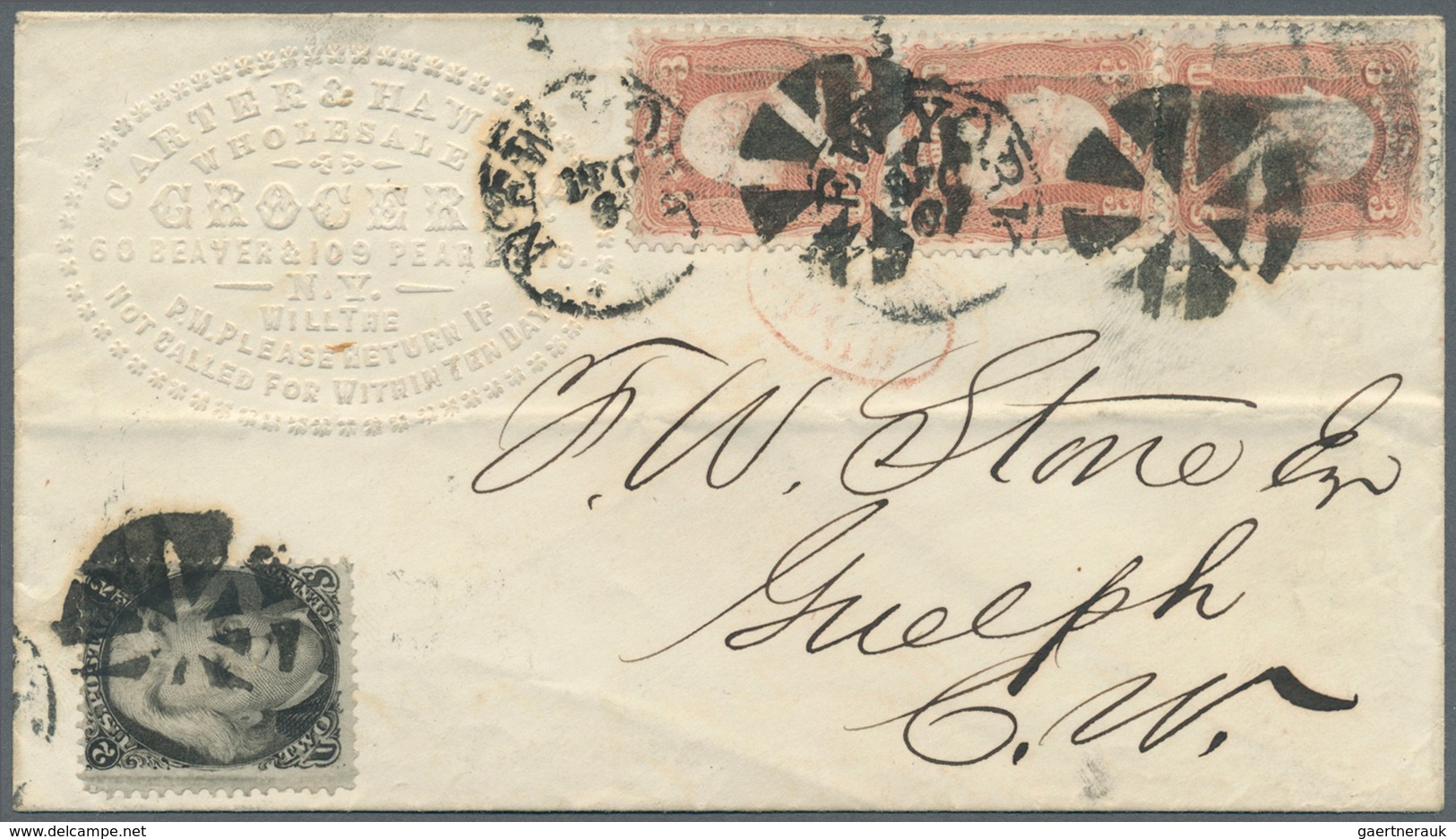 12647 Vereinigte Staaten Von Amerika: 1865, 2c. Black And Three Copies 3c. Rose On Cover From NEW YORK To - Sonstige & Ohne Zuordnung