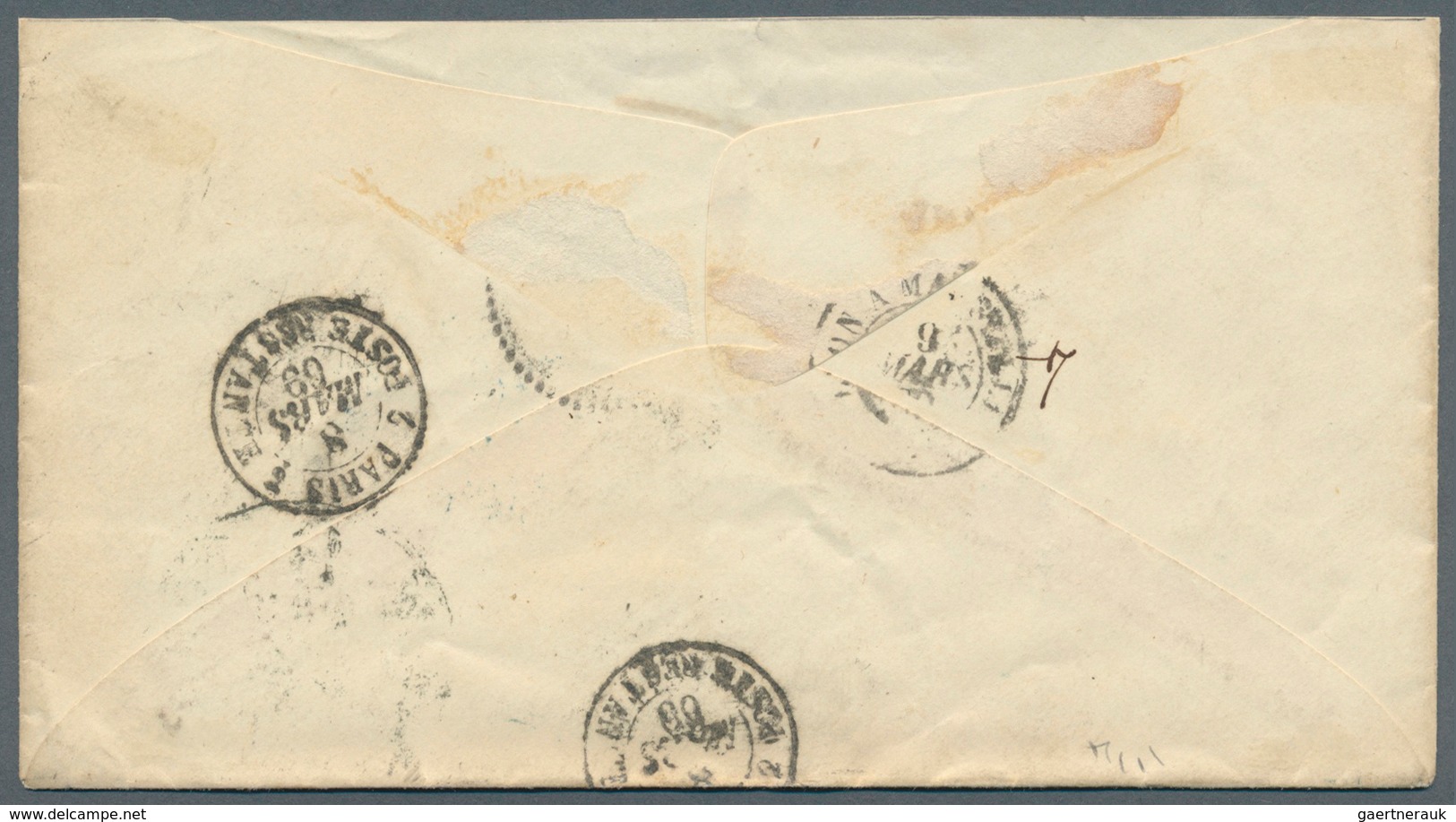 12648 Vereinigte Staaten Von Amerika: 1869. Stampless Envelope (upper Backflap Missing) To Paris Cancelled - Autres & Non Classés