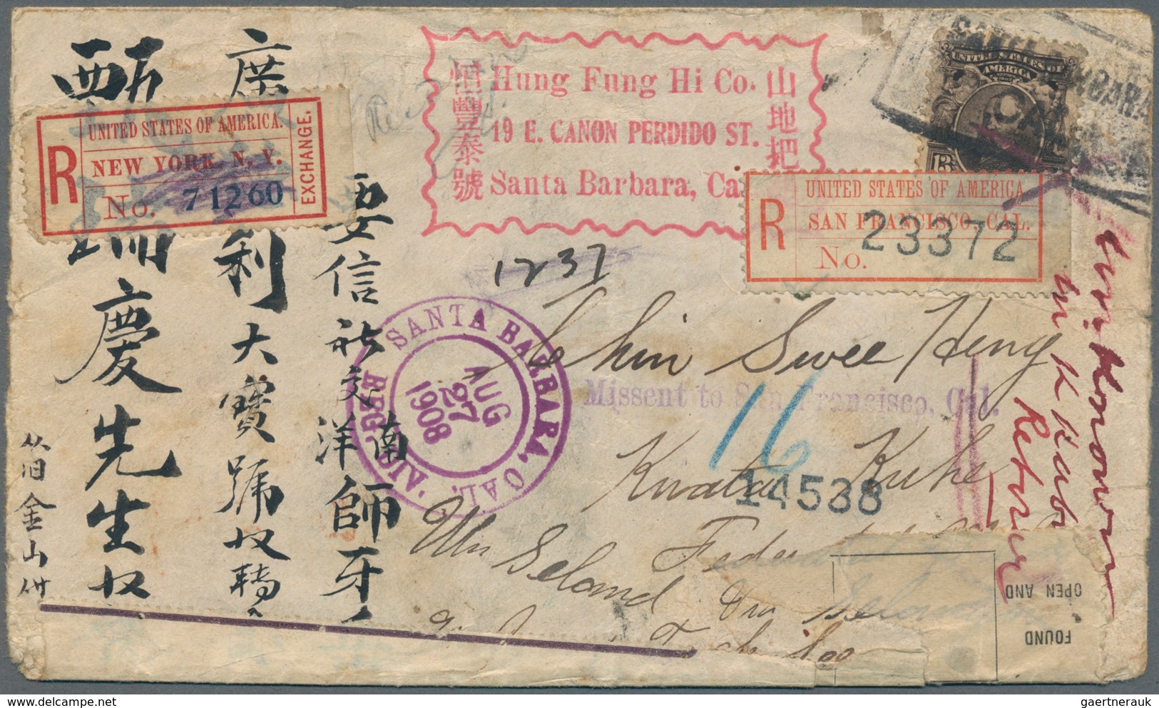 12665 Vereinigte Staaten Von Amerika: 1908, 13 C Purple Black, Single Franking On Registered Cover From SA - Sonstige & Ohne Zuordnung