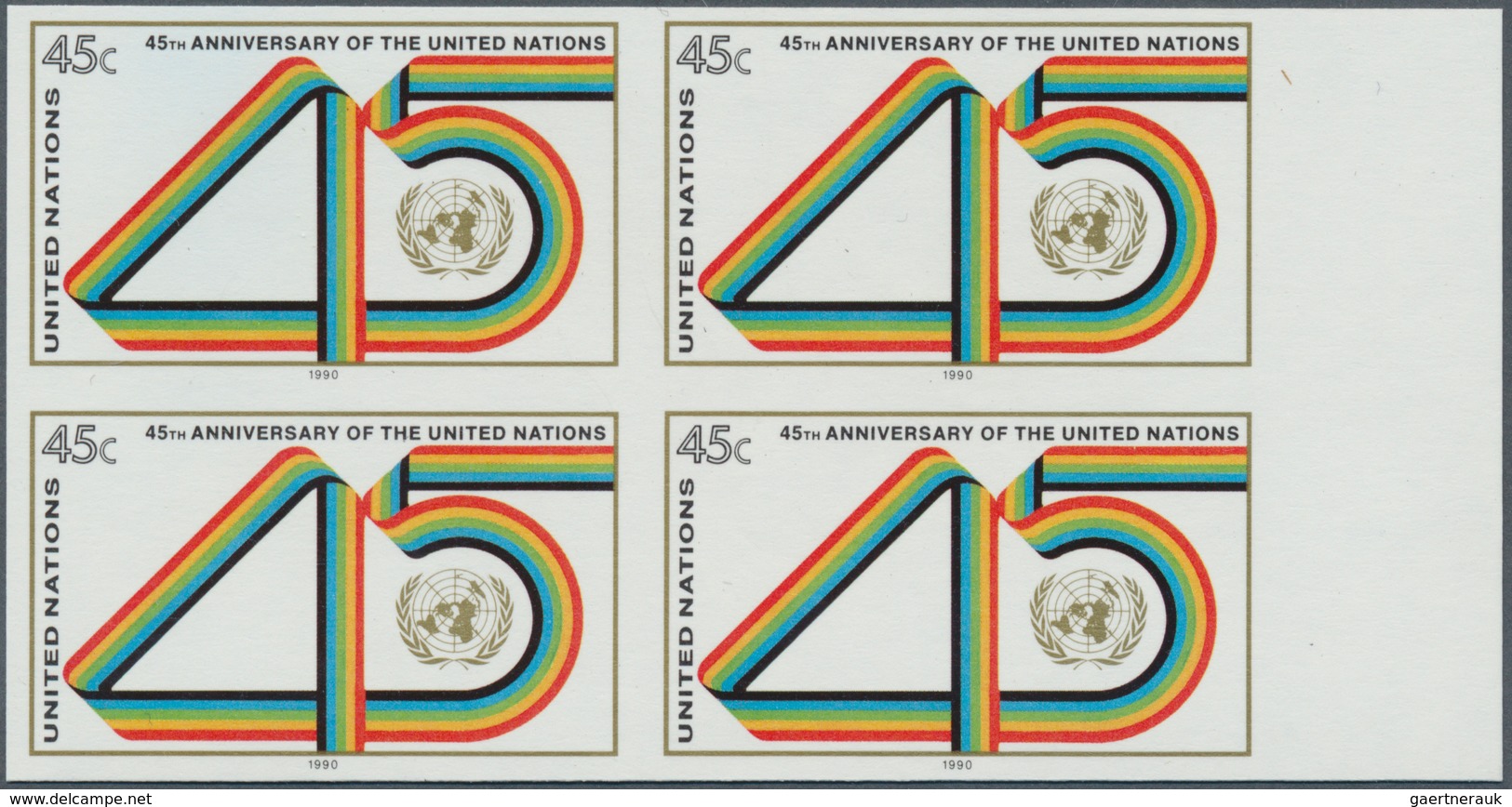 12702A Vereinte Nationen - New York: 1990. IMPERFORATE Margin Block Of 4 For The 45c Value Of The Issue "Un - Autres & Non Classés