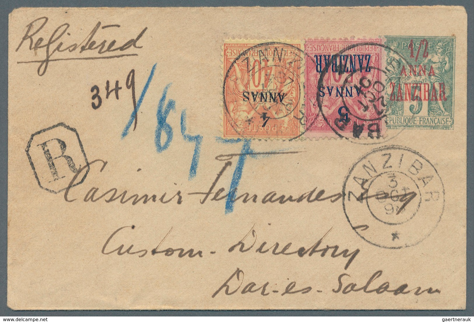 12708 Zanzibar: 1898. Registered Postal Stationery Envelope '½ Anna Green Upgraded With Yvert 7, 4a On 40c - Zanzibar (...-1963)