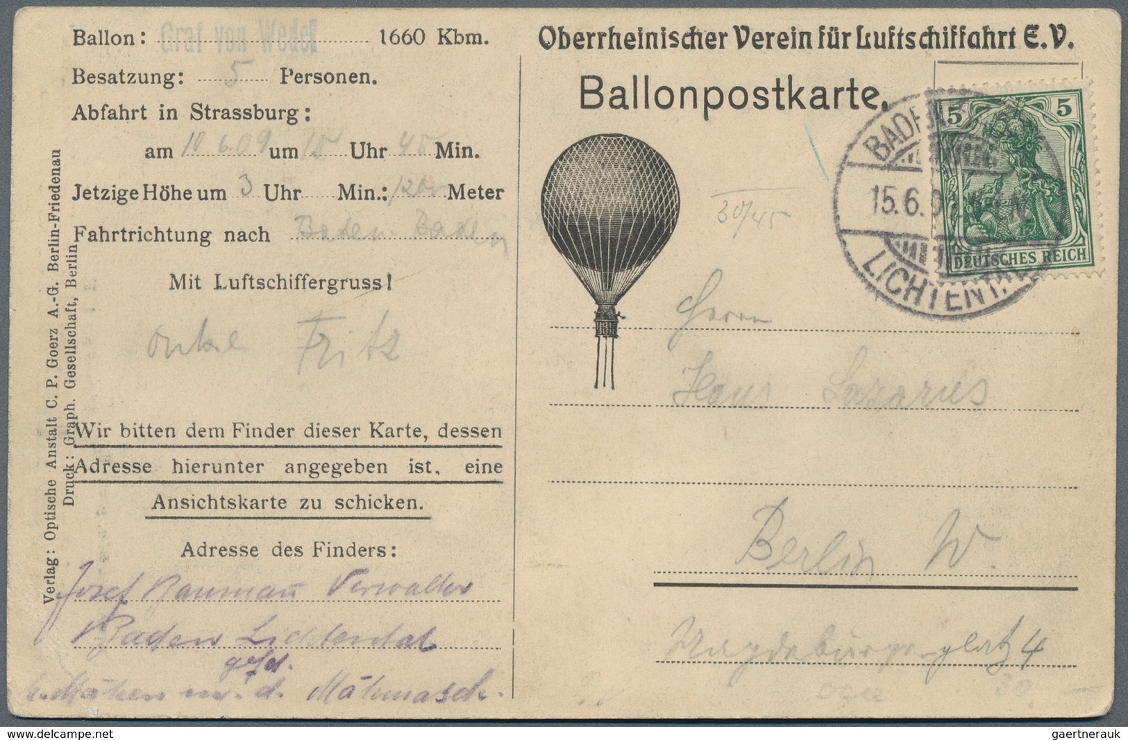 12803 Ballonpost: 1909: Oberrheinischer Verein Für Luftschiffahrt/Ballon "Graf Von Wedel": Ballonpostkarte - Montgolfières