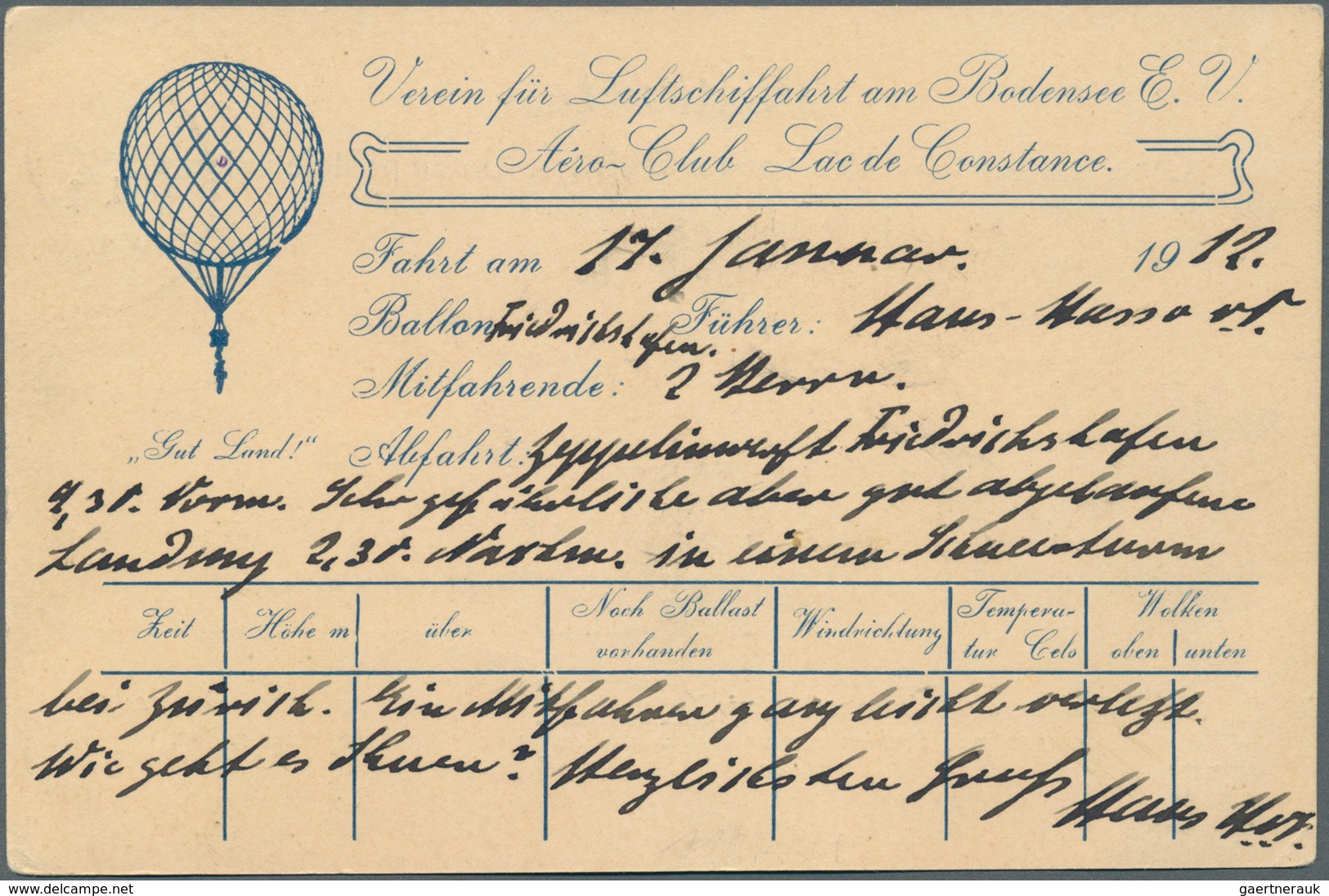 12804 Ballonpost: 1912, 17.Januar, Vordruck-Karte "Verein Für Luftschiffahrt Am Bodensee E.V." Mit Handsch - Montgolfières