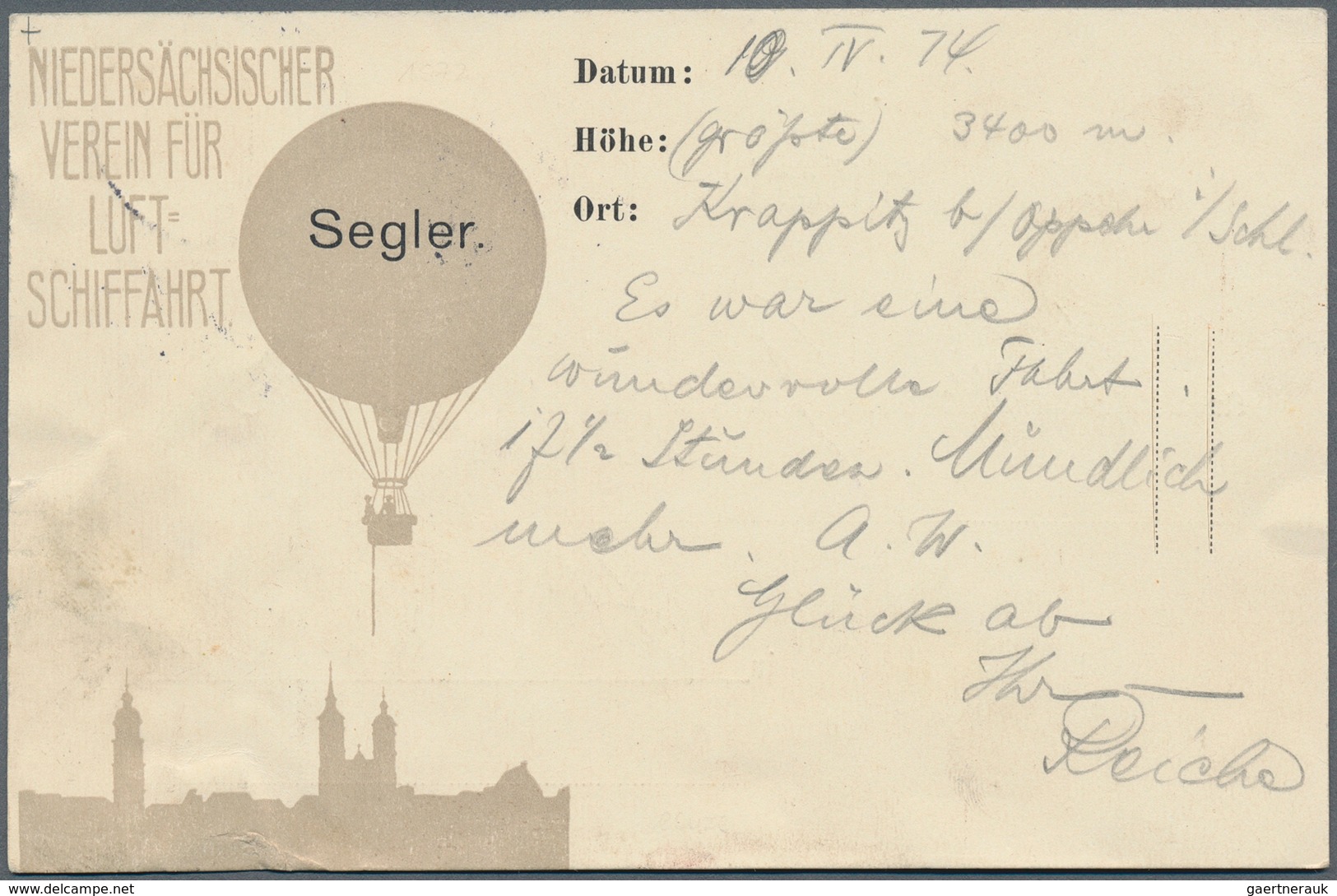 12806 Ballonpost: 1914: Niedersächsischer Verein Für Luftschifffahrt/Ballon "Segler": Abwurfkarte Nach 17 - Fesselballons